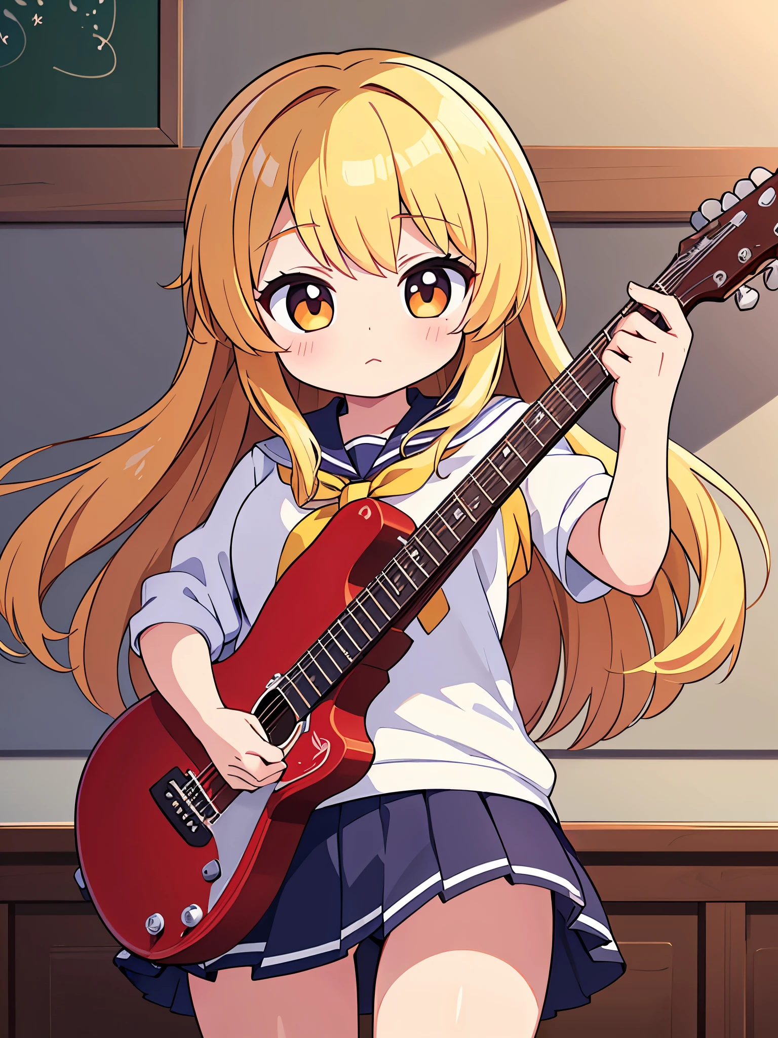 ((highest quality)),(ultra high resolution),(Super detailed),(detailed description),((The best CG)),(best work of art),super precision art,amazing drawing art,(Art with precise details:1.5), (high school girl:1.5), Learning to play the guitar on campus after school。Midsummer