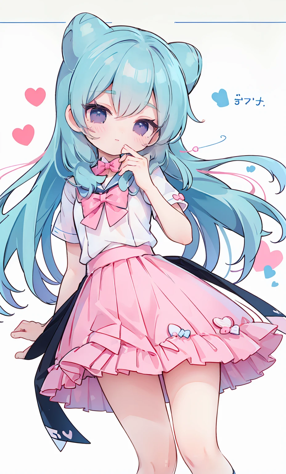 masterpiece, best quality, high resolution, aabeta, double, white simple background, standing, slim waist, cute, sailor uniform, pink bow tie, blue skirt, (PastelColors: 1.3), cute pose