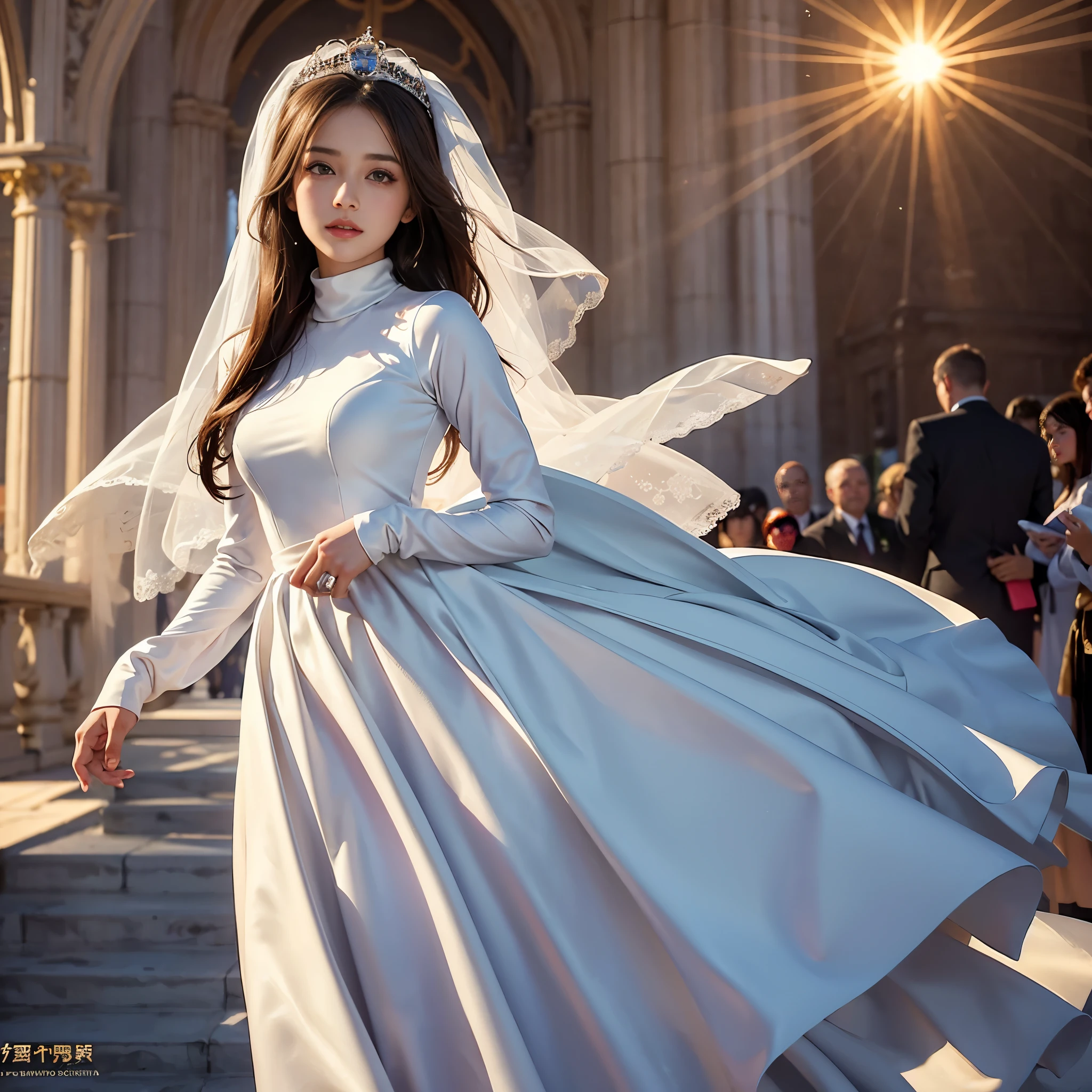best quality, masterpiece, 1 girl, yak, cute , shiny lips, sweet, sun glare, Conservative attire, turtleneck wedding dress, Bridal tiara, depth of field, blurred background, Cathedral Background, light particles, strong wind, head tilt