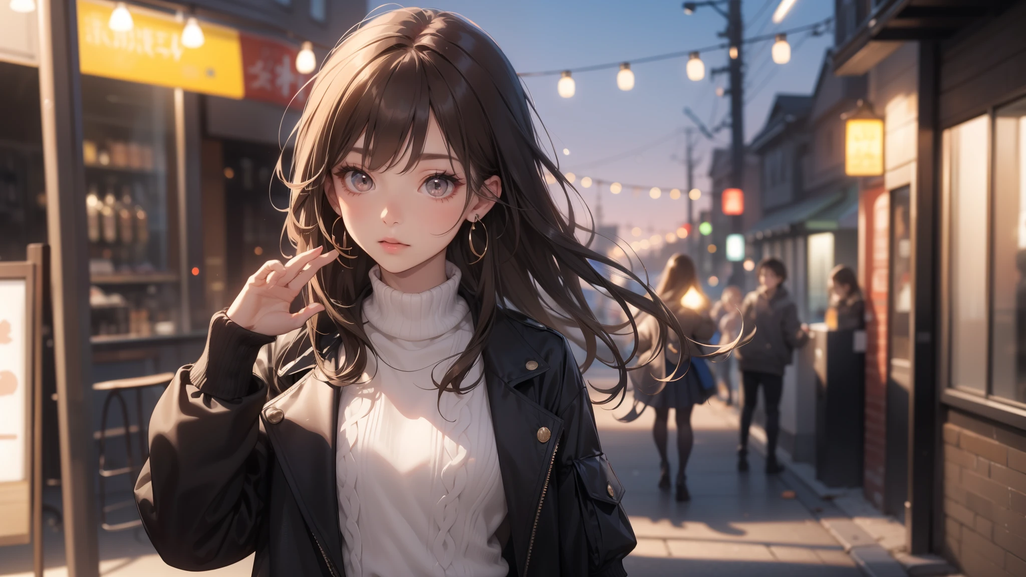 double,, , 1 girl, Ahoge, bangs, black skirt, black sweater, Blue Claws, blurry, blurry background, chest, brown eyes, brown hair, brown Jacket, closed mouth, Day付の付いた, Day, Depth of the bounds written, earrings, eyelash, raise your hand, head tilt, Jacket, jewelry, long hair, long sleeve, looking at the viewer, medium chest, nail polish, open clothes, open Jacket, outdoor, wrinkled lips, I put my shirt inside, side lock, skirt, sleeves go over wrists, alone, sweater, Upper body, zipper, , , ((masterpiece)), ,