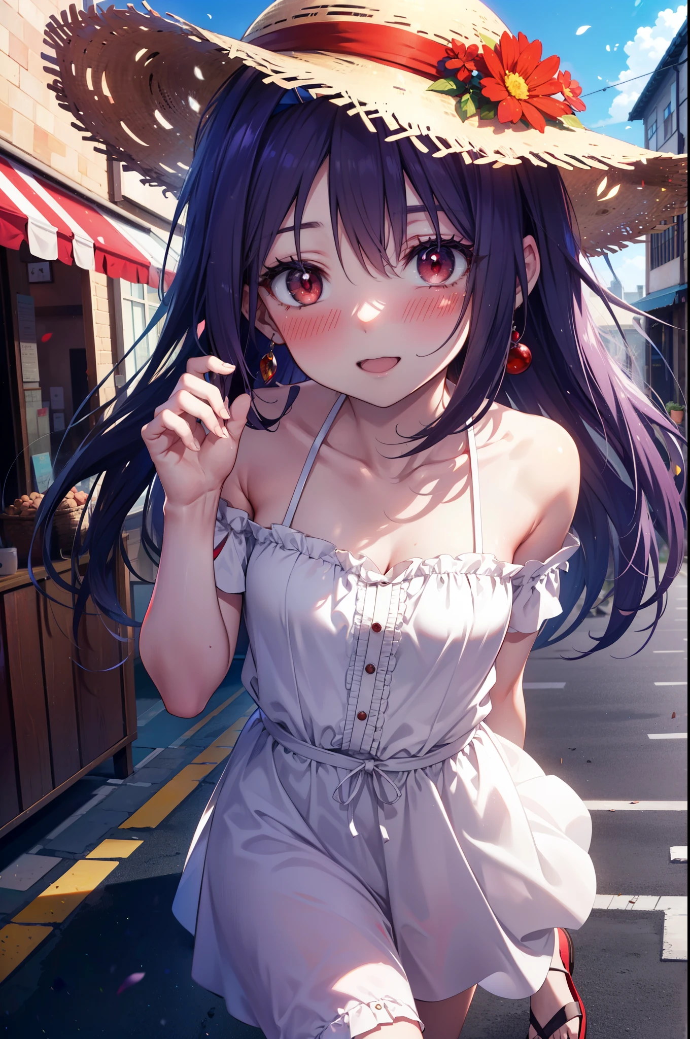 yuukikonno, Konno Yuuki, hair band, long hair, pointed ears, purple hair, (red eyes:1.5), (small breasts:1.2), smile,blush,open your mouth wide,straw hat,White long skirt integrated dress,bare shoulders,bare clavicle,Bare neck,bare arms,Cute Sandals,bend forward a little,noon,Clear skies,
break looking at viewer, Upper body, full body,
break outdoors, In town,building street,
break (masterpiece:1.2), highest quality, High resolution, unity 8k wallpaper, (figure:0.8), (detailed and beautiful eyes:1.6), highly detailed face, perfect lighting, Very detailed CG, (perfect hands, perfect anatomy),
