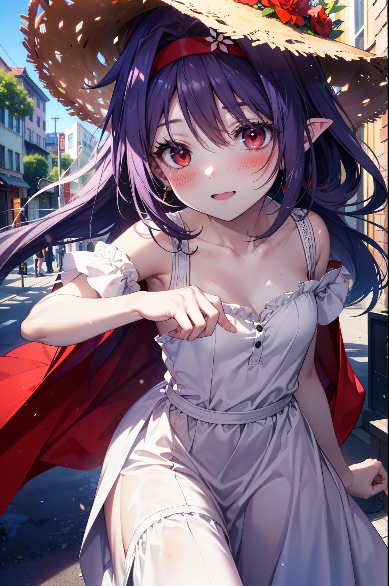 yuukikonno, Konno Yuuki, hair band, long hair, pointed ears, purple hair, (red eyes:1.5), (small breasts:1.2), smile,blush,open your mouth wide,straw hat,White long skirt integrated dress,bare shoulders,bare clavicle,Bare neck,bare arms,Cute Sandals,bend forward a little,noon,Clear skies,
break looking at viewer, Upper body, full body,
break outdoors, In town,building street,
break (masterpiece:1.2), highest quality, High resolution, unity 8k wallpaper, (figure:0.8), (detailed and beautiful eyes:1.6), highly detailed face, perfect lighting, Very detailed CG, (perfect hands, perfect anatomy),