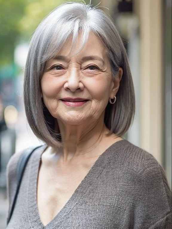90 years old、woman、gray hair、nasolabial folds、photo from the waist up、(chubby:1.3)、blurred background、