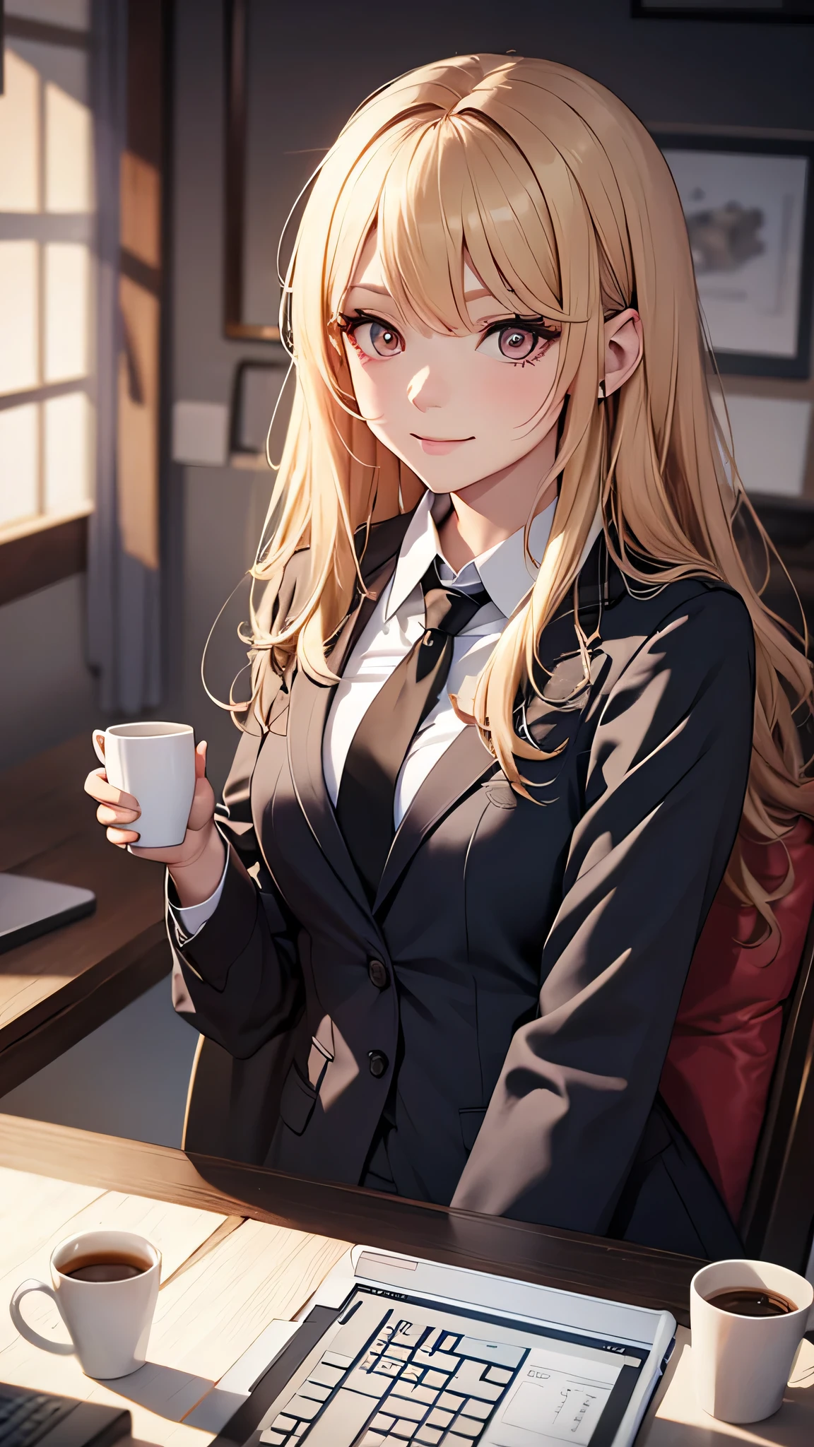 1 female((Hall々Behave with dignity, cool)), masterpiece, Highest quality, Very detailed, alone, indoor, (noon), machine,office , (performer, sunlight) Calm, smile, Mug, loafers, tie, suit, Have, Mug, (View the viewer:1.2) (Skin Texture) (Film Grain:1.3), (Warm shades, Warm Tones)