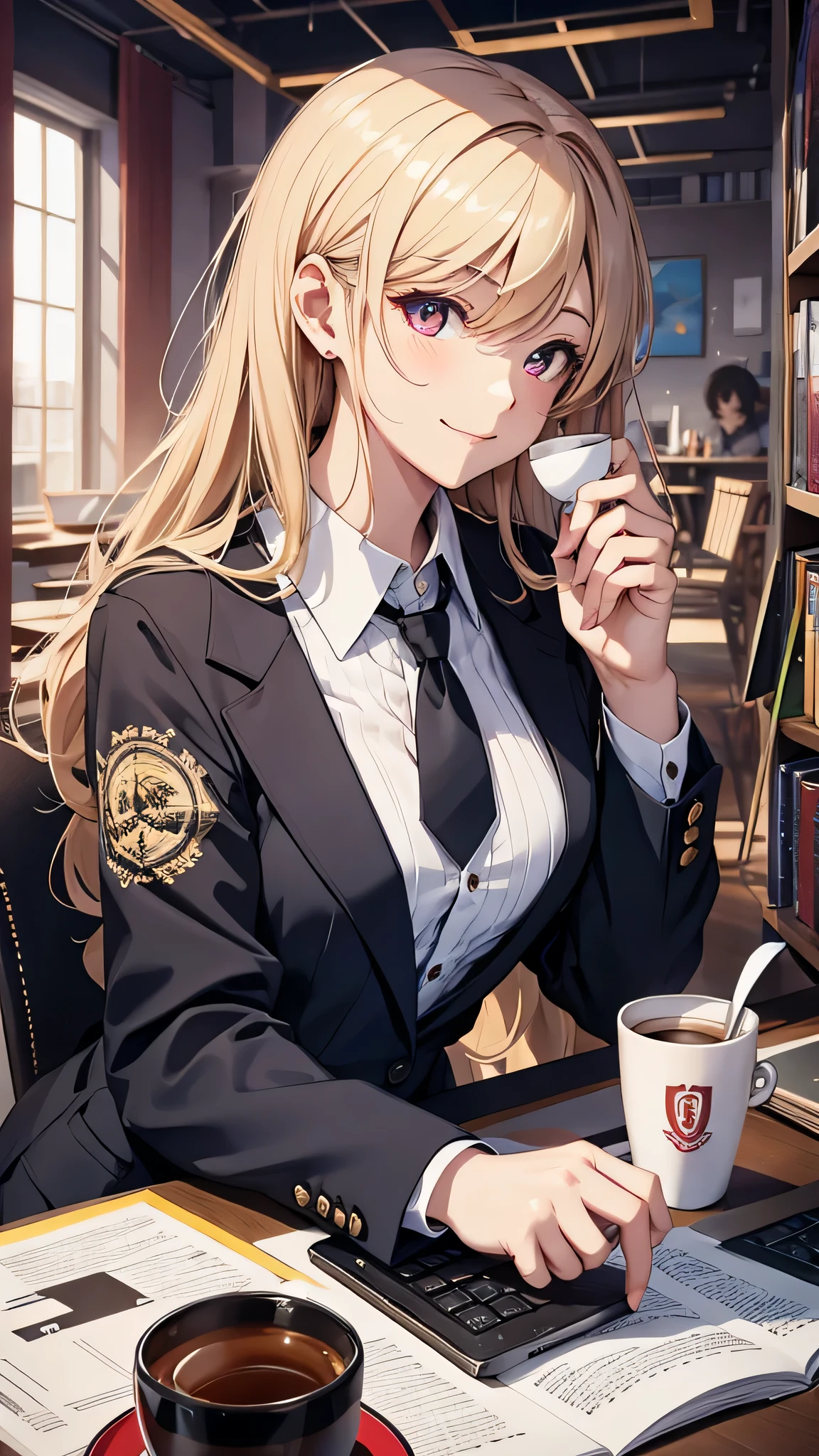 (masterpiece), best quality, (((ultra detailed, 8k quality))), expressive eyes, perfect face, perfect anatomy, perfect body, scene, <lora:scene_:0.7>,  <lora:more_details:0.7>, <lora:beautiful_detailed_eyes:0.5>,  <lora:GoodHands-beta2:1>, <lora:give_it_a_name:0.7>,
aarika, long hair, two side up, hair bobbles, small breasts, <lora:jougasaki_rika_v1:0.7>, business suit, upperbody, looking the viewer, sitting, holding tea, looking at the viewer, indoor,