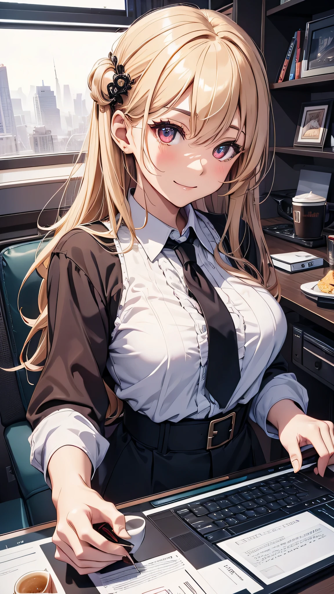 最high quality、best image quality、masterpiece、girl((18-year-old、 By becoming、vest bust、medium bust,wide open breast tea、red glowing eyes, blonde、messy hair、long hair、thin,highest valley、black suit、Blue tie、open chest、White wristband、smile、Leaning forward、hair ornaments、have a laptop)),high quality、beautiful art、background((White computer room、Coffee cup))、Flight、debris flies、Depth of written boundary、movie、visual art、perfect art、8K,genuine、