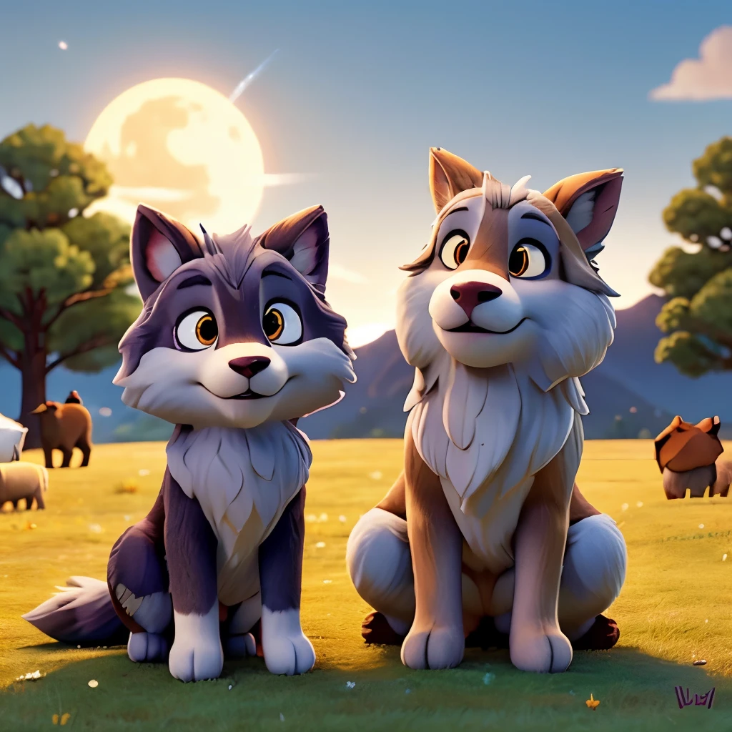 In the enchanting world of Pixar animation, a wolf named Wulf and a sheep named Fleeca engaged in an extraordinary conversation. The sun was setting behind them, casting a golden glow on the scenic meadow. The long shadows of the evening stretched across the ground, adding depth and texture to the scene.
Wulf, with his bushy grey fur, sat calmly beside Fleeca, who wore a woolen coat the color of fresh snow. Their warm and friendly eyes met, filled with a mutual respect that transcended their natural differences.
"Good evening, Fleeca," Wulf greeted, his voice gentle yet authoritative. Fleeca blushed, her curly white tail flapping slightly.