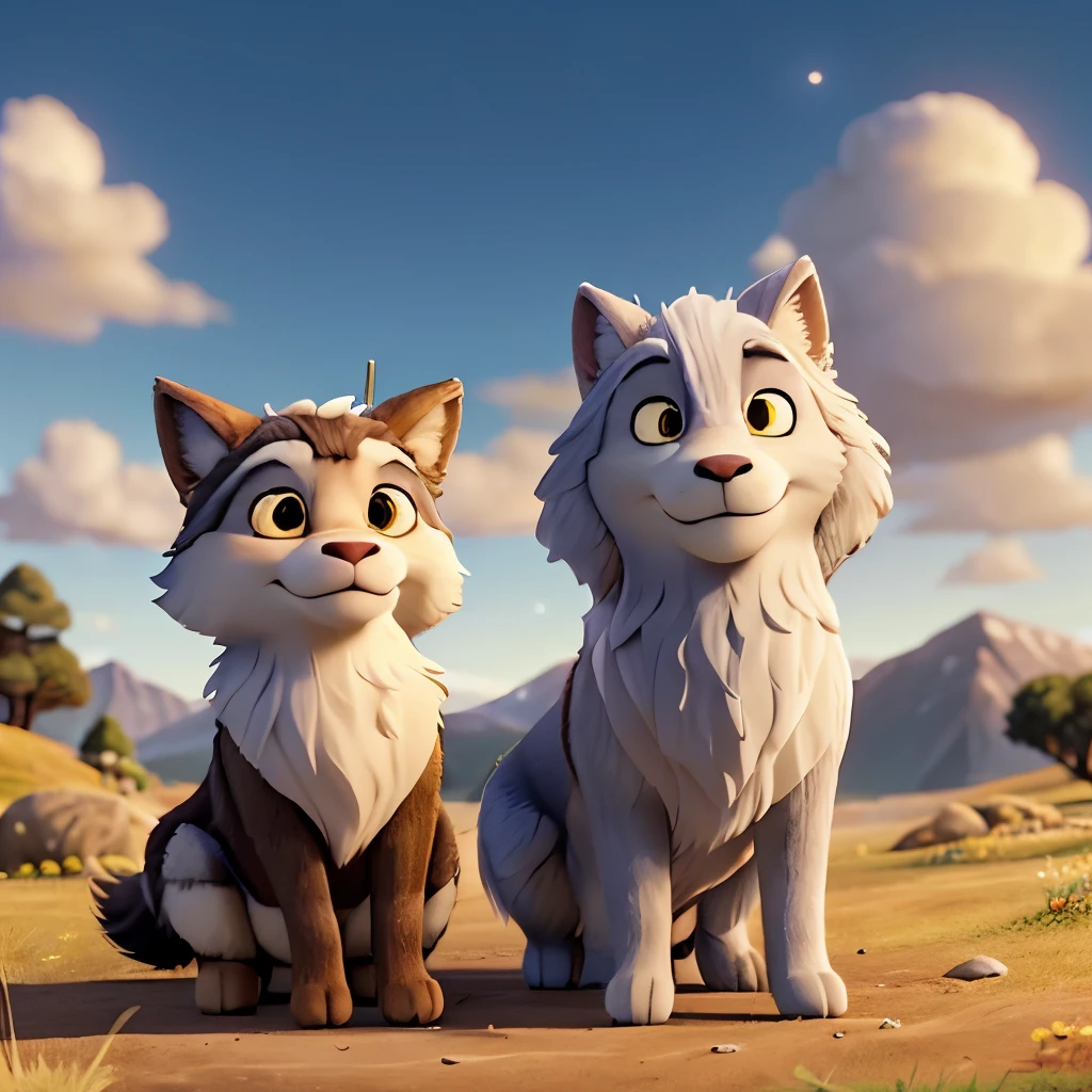 In the enchanting world of Pixar animation, a wolf named Wulf and a sheep named Fleeca engaged in an extraordinary conversation. The sun was setting behind them, casting a golden glow on the scenic meadow. The long shadows of the evening stretched across the ground, adding depth and texture to the scene.

Wulf, with his bushy grey fur, sat calmly beside Fleeca, who wore a woolen coat the color of fresh snow. Their warm and friendly eyes met, filled with a mutual respect that transcended their natural differences.

"Good evening, Fleeca," Wulf greeted, his voice gentle yet authoritative. Fleeca blushed, her curly white tail flapping slightly.