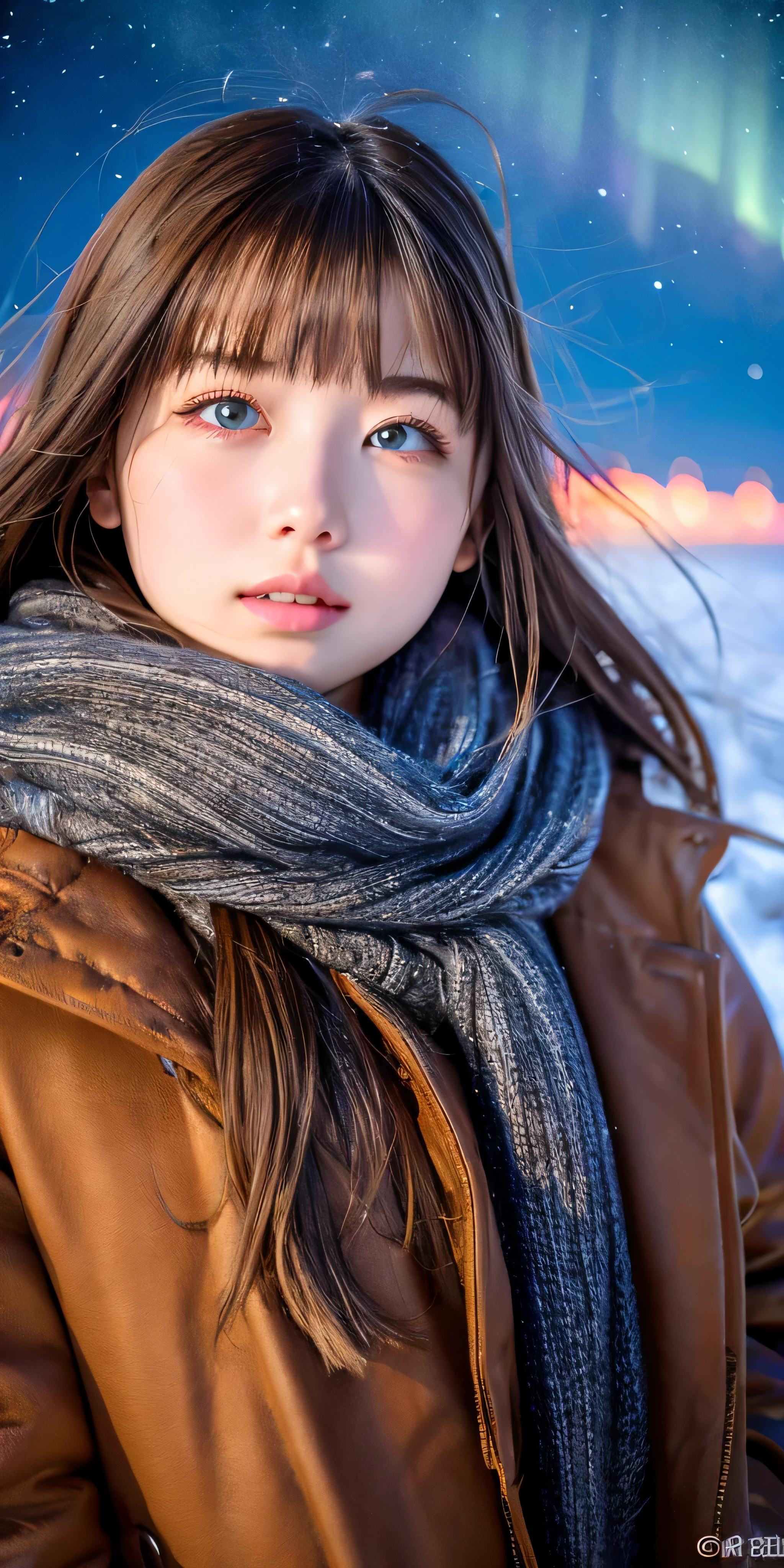 ((hair blowing in the wind、no makeup:1.2))、(realistic、Photoreal、Super detailed、best detailed skins、highest quality、masterpiece、超A high resolution)、cute russian woman、14 years、high school girl、young girl、1 girl、have bangs、ash blonde:1.7、double eyelid、drooling eyes、Japanese style face、purity、realistic skin type、thick muffler、Gray muffler、fluffy hair、((There&#39;hair in scarf:1.3))、red cheeks、The wind is blowing、that&#39;It&#39;s snowing、night、illumination、Lighting from behind、hair blowing in the wind、((Antarctica、A meteor shower、A world view of the aurora))
