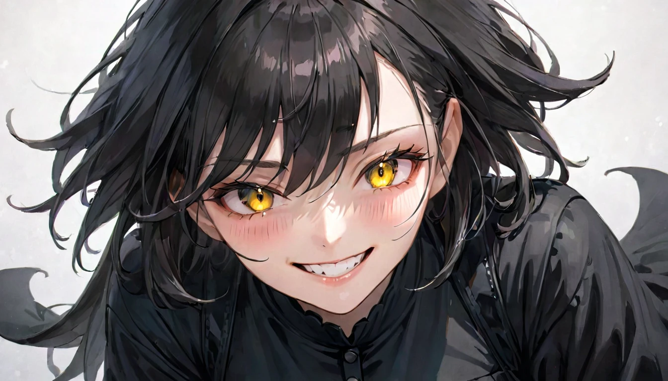 Creepy woman, looking down, bright smile, glaring eyes, black clothes