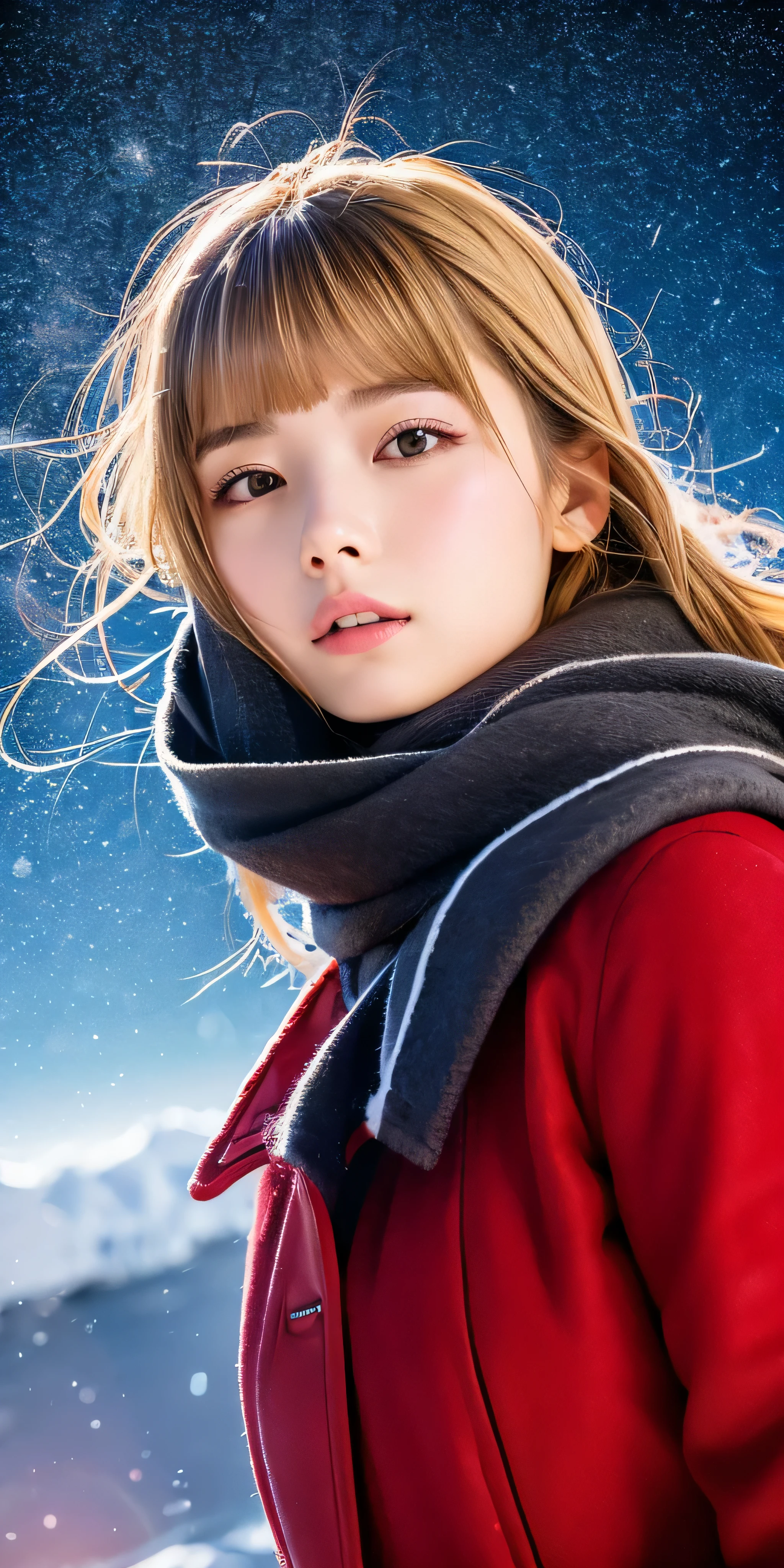 ((hair blowing in the wind、no makeup:1.2))、(realistic、Photoreal、Super detailed、best detailed skins、highest quality、masterpiece、超A high resolution)、cute russian woman、14 years、high school girl、young girl、1 girl、have bangs、ash blonde:1.7、double eyelid、drooling eyes、Japanese style face、purity、realistic skin type、thick muffler、Gray muffler、fluffy hair、((There'hair in scarf:1.3))、red cheeks、The wind is blowing、that'It's snowing、night、illumination、Lighting from behind、hair blowing in the wind、((Antarctica、A meteor shower、A world view of the aurora))