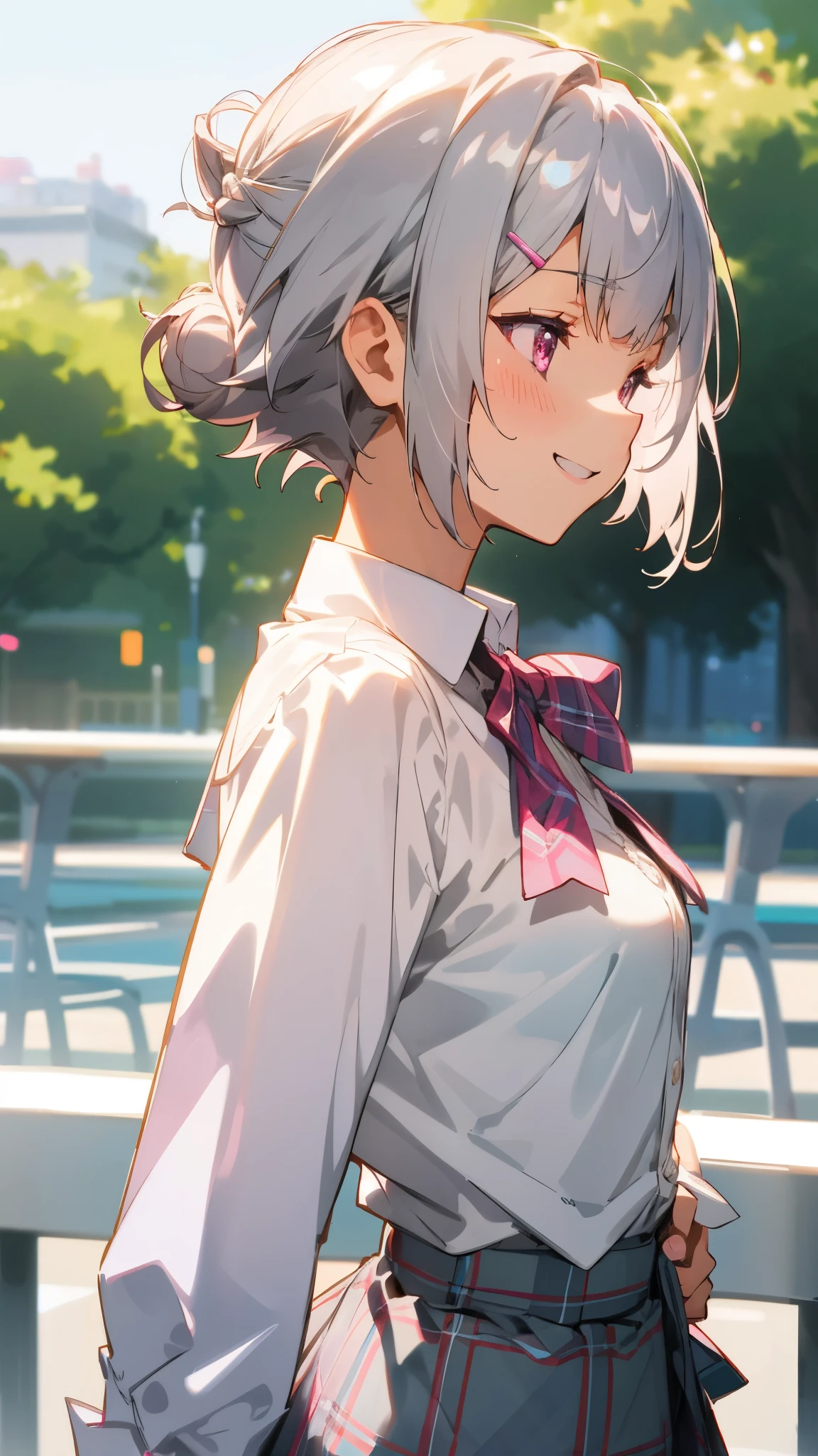 silver short hair and bob hair、I tied my hair in a bun with a hair clip..、pink eyes、white blouse shirt、tartan check skirt、grin and laugh、profile、upper body close-up、sharp outline、Morning Cafe Terrace、background bokeh、written boundary depth