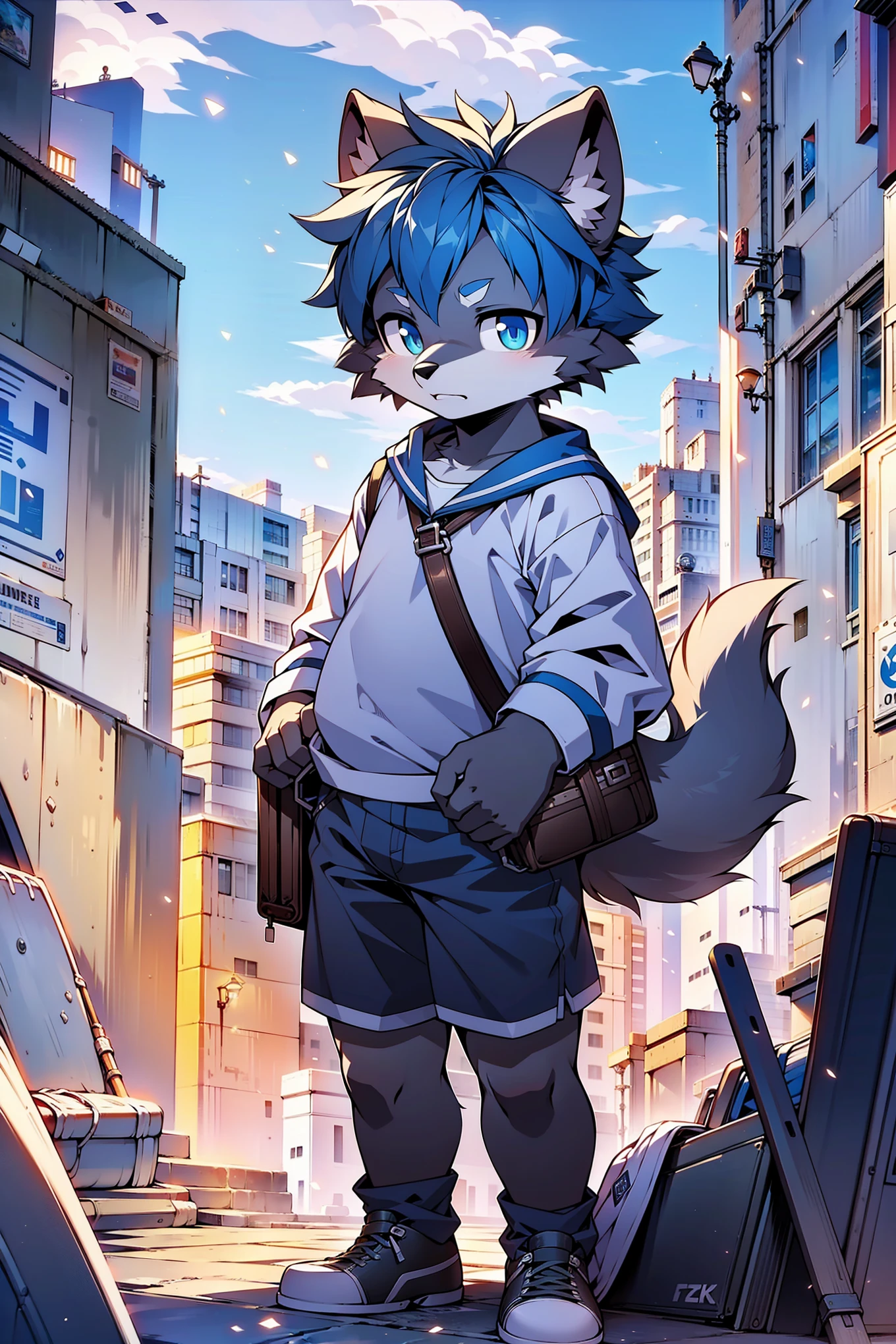 A boy with wolf features standing alone in a modern city. He has a furry appearance with a disgusted expression and empty eyes. His personality is cold and indifferent. He is slightly overweight, wearing a blue and white school uniform on the upper body and shorts on the lower body. His deep blue pupils stand out in his wolf-like face. The background depicts a bustling urban scene. (best quality,4k,8k,highres,masterpiece:1.2), ultra-detailed, realistic:1.37, HDR, vivid colors, studio lighting