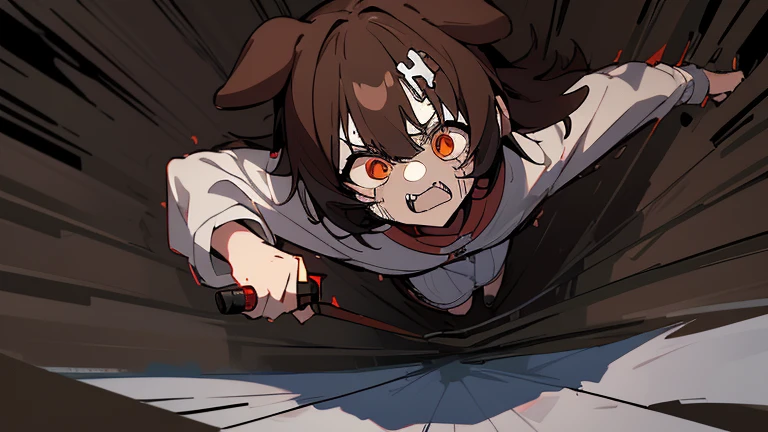 (highest quality), 1 girl, :d, head tilt, inugami korone, brown hair, dog ears,((dark forest)),((Horror Live)),(She is holding a flashlight),((She has a terrified look on her face:1.5)),(She's on the run from a killer:1.5),full body,