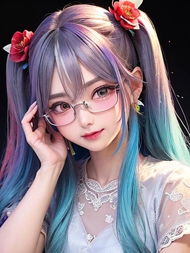 small face、 Glasses、Super detailed,bright colors, very beautiful detailed anime face and eyes, look straight, shiny_skin,girl, (((rainbow colored hair, colorful hair, Half blue、half red hair: 1.2))), 、shiny hair, delicate beautiful face, blush、Glasses、(turquoise eyes), , Valletta, earrings,、((flower garden、sunset、luxury hotel))、((silver、translucent、short sleeve、Floral、Lace blouse))、(twin tails)、(smile、happy face、face dyed red)、cheerful pose、dynamic、Upper body、