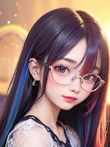 small face、 Glasses、Super detailed,bright colors, very beautiful detailed anime face and eyes, look straight,  shiny_skin,girl, (((rainbow colored hair, colorful hair, Half blue、half red hair: 1.2))), 、shiny hair, delicate beautiful face, blush、Glasses、(turquoise eyes), , Valletta, earrings,、（(flower garden、sunset、luxury hotel)）、((silver、translucent、short sleeve、Floral、Lace blouse))、（twin tails）、（smile、happy face、face dyed red）、cheerful pose、dynamic、Upper body、