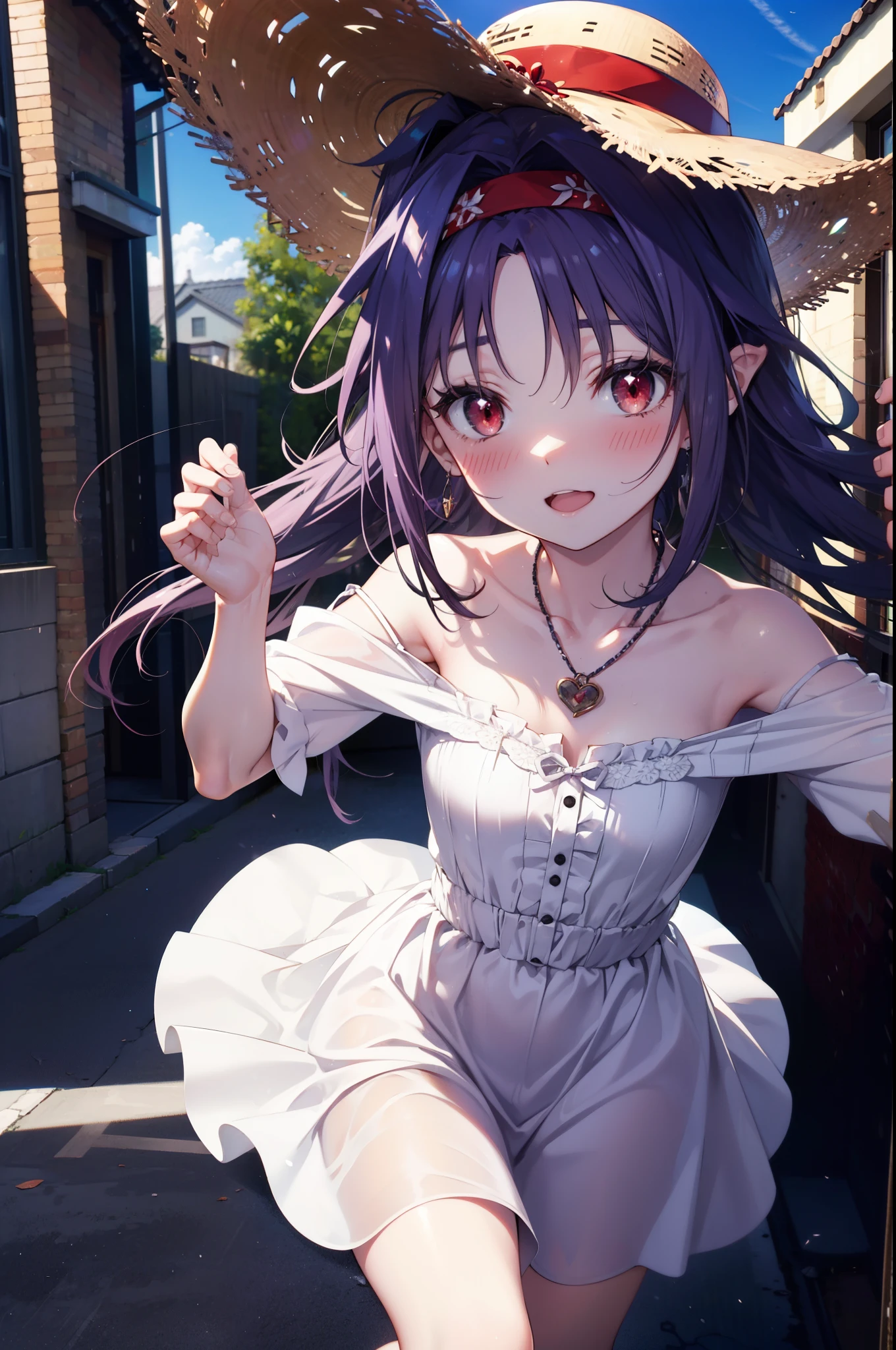 yuukikonno, Konno Yuuki, hair band, long hair, pointed ears, purple hair, (red eyes:1.5), (small breasts:1.2), smile,blush,open your mouth wide,straw hat,White long skirt integrated dress,bare shoulders,bare clavicle,Bare neck,bare arms,Cute Sandals,bend forward a little,noon,Clear skies,locket necklace,
break looking at viewer, Upper body, full body,(cowboy shot:1. 3)
break outdoors, In town,building street,
break (masterpiece:1.2), highest quality, High resolution, unity 8k wallpaper, (figure:0.8), (detailed and beautiful eyes:1.6), highly detailed face, perfect lighting, Very detailed CG, (perfect hands, perfect anatomy),