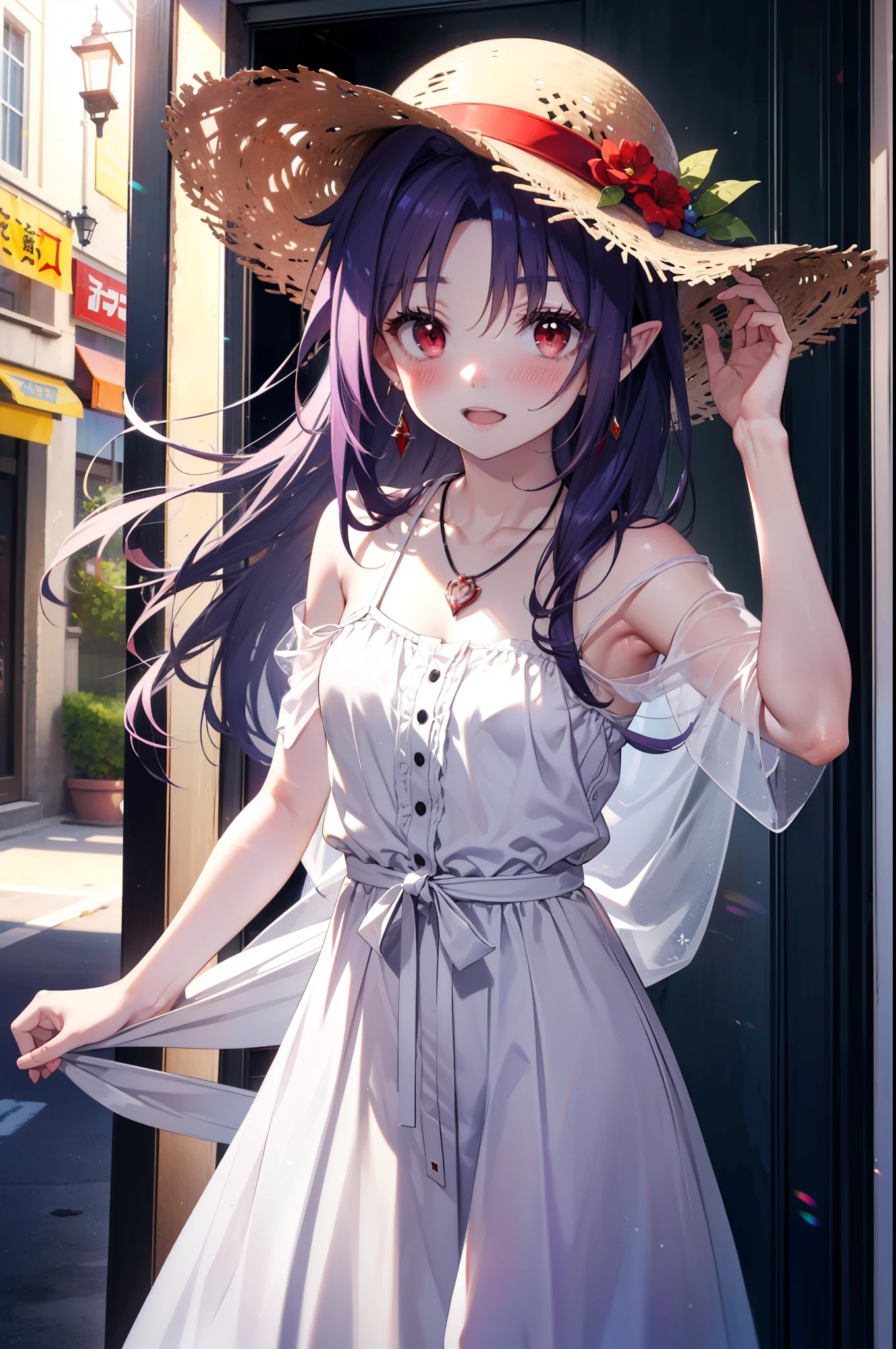 yuukikonno, Konno Yuuki, hair band, long hair, pointed ears, purple hair, (red eyes:1.5), (small breasts:1.2), smile,blush,open your mouth wide,straw hat,White long skirt integrated dress,bare shoulders,bare clavicle,Bare neck,bare arms,Cute Sandals,bend forward a little,noon,Clear skies,locket necklace,
break looking at viewer, Upper body, full body,(cowboy shot:1. 3)
break outdoors, In town,building street,
break (masterpiece:1.2), highest quality, High resolution, unity 8k wallpaper, (figure:0.8), (detailed and beautiful eyes:1.6), highly detailed face, perfect lighting, Very detailed CG, (perfect hands, perfect anatomy),