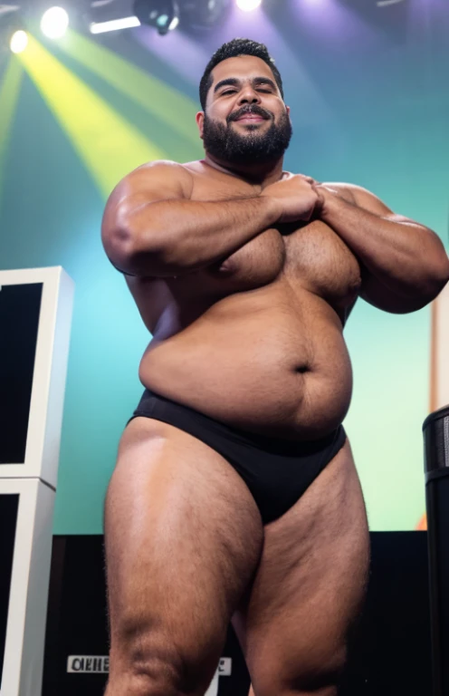 Just plump, chubby, extremely thick thighs, large belly, obra de arte,maximum quality,day comerciant,gordo,gordo guy,Uma moreno,breve lenda,barba,oculos de sol,Eu tenho uma barriga grande exposta,The face is big,Posture of speaker gesturing with hands to the audience encouraging them,Notas voadoras,Moedas Voadoras,tesouro,luzes de holofotes, imagem de corpo inteiro