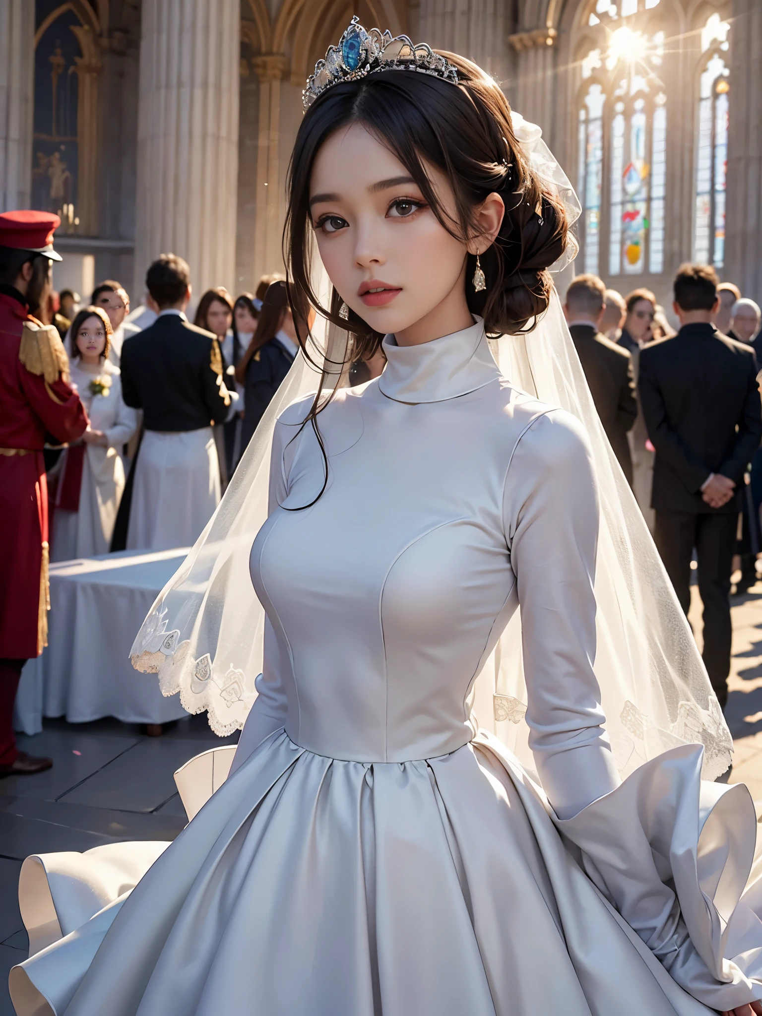 best quality, masterpiece, 1 girl, yak, cute teen, shiny lips, sweet, sun glare, Conservative attire, turtleneck wedding dress, Bridal tiara, depth of field, blurred background, Cathedral Background, light particles, strong wind, head tilt