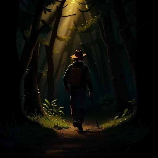 A realistic image of an adventurous man strolling in a sun-lit clearing, 4K.
