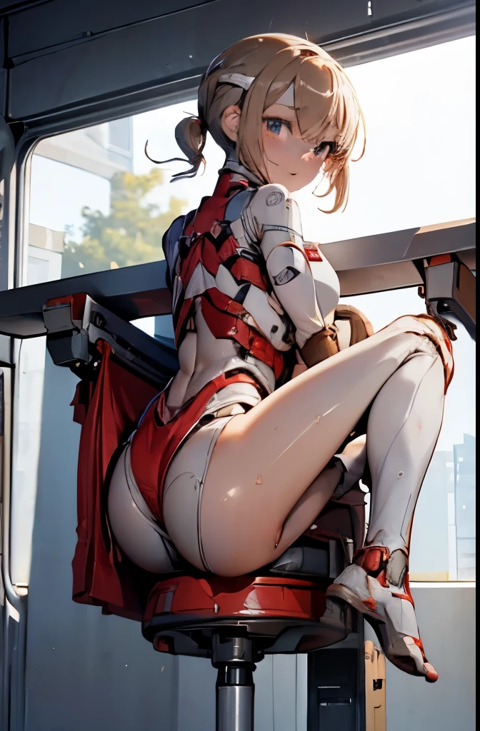 A Female robot is sleeping in bedroom, spread legs, nude, banzai pose. she wears no dress. She Brown short hair is tied with two big red clothespins, She lifts up the under hem of her white plain dress, leaning over, masterpiece, very short pigtails,brown hair, mature, android, blue eyes, full body figure, Height: 160cm, flushed cheeks, 2020s anime picture, A beautiful robot with short brown hair in two short pigtails held up by two very large huge red clothespins, Uplifting, No NSFW, whole body, barefoot, archaic smile, getting orgasm, 25 years old, sweat bucket. 