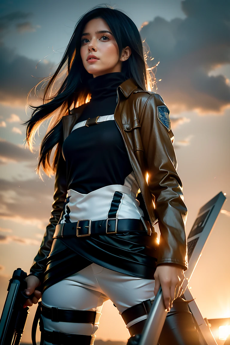 mikasa ackerman, Female action anime girl, badass posture, big smile, happy face, attack on titans, Female protagonist 👀 :8, rogue anime girl, anime figure, (Attack on Titan anime), trigger anime artstyle，1girl， dynamic angle， splashart, Complete shot of the charming Amish male silk weaver， CEL shadows， velvet， ribbons， offcial art， Unity 8k wallpaper， ultra - detailed， aesthetics， tmasterpiece， best qualtiy， Photorealistic