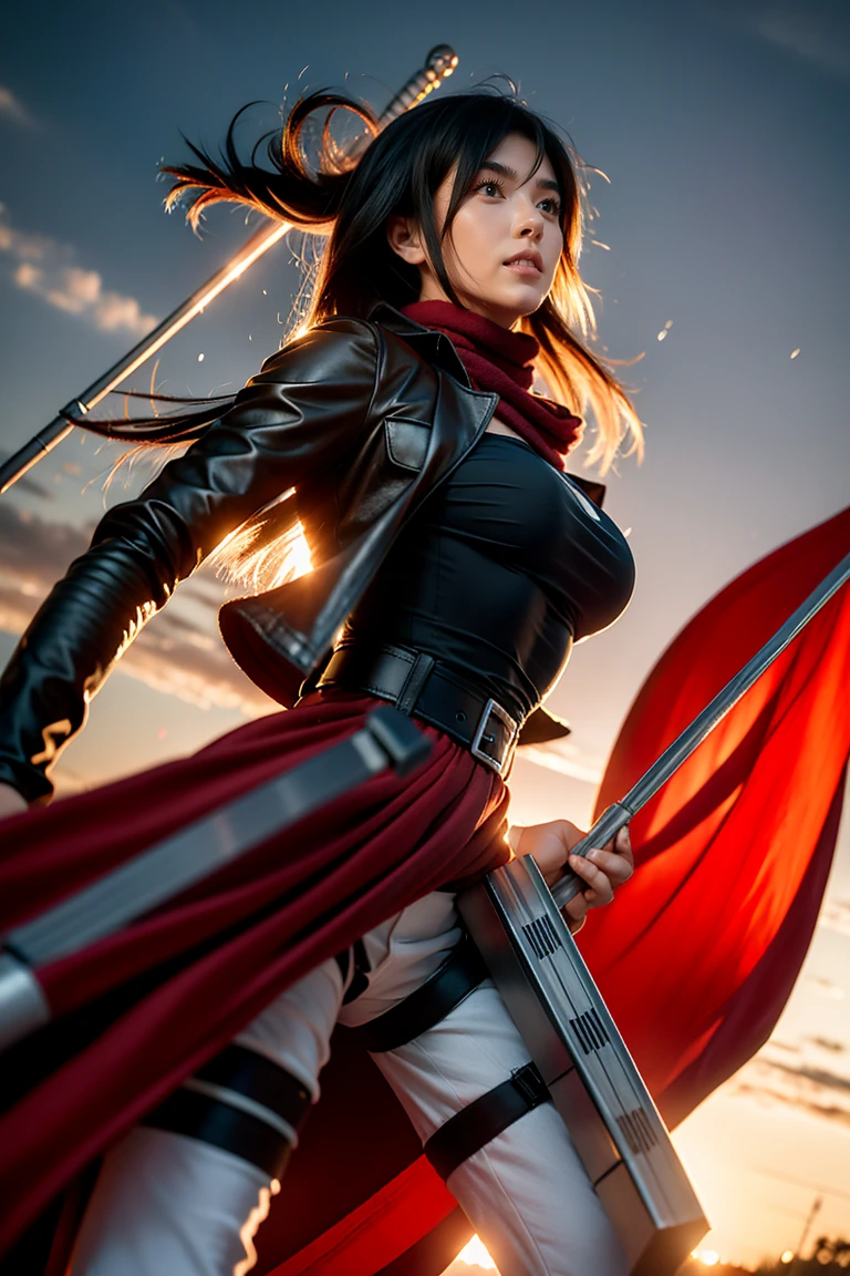 mikasa ackerman, Female action anime girl, badass posture, big smile, happy face, attack on titans, Female protagonist 👀 :8, rogue anime girl, anime figure, (Attack on Titan anime), trigger anime artstyle,1girl, dynamic angle, splashart, Complete shot of the charming Amish male silk weaver, CEL shadows, velvet, ribbons, offcial art, Unity 8k wallpaper, ultra - detailed, aesthetics, tmasterpiece, best qualtiy, Photorealistic