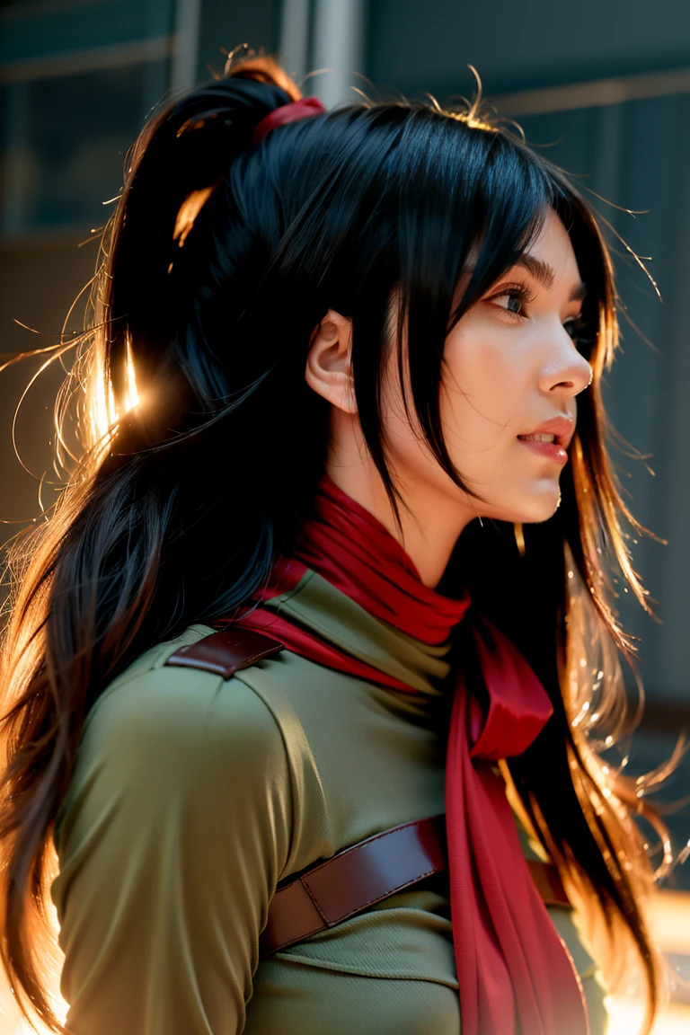 mikasa ackerman, Female action anime girl, badass posture, big smile, happy face, attack on titans, Female protagonist 👀 :8, rogue anime girl, anime figure, (Attack on Titan anime), trigger anime artstyle,1girl, dynamic angle, splashart, Complete shot of the charming Amish male silk weaver, CEL shadows, velvet, ribbons, offcial art, Unity 8k wallpaper, ultra - detailed, aesthetics, tmasterpiece, best qualtiy, Photorealistic