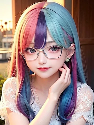 small face、 Glasses、Super detailed,bright colors, very beautiful detailed anime face and eyes, look straight, shiny_skin,girl, (((rainbow colored hair, colorful hair, Half blue、half red hair: 1.2))), 、shiny hair, delicate beautiful face, blush、Glasses、(turquoise eyes), , Valletta, earrings,、((flower garden、sunset、luxury hotel))、((silver、Sea pattern、translucent、short sleeve、Floral、Lace blouse))、(twin tails)、(smile、happy face、face dyed red)、cheerful pose、dynamic、Upper body、