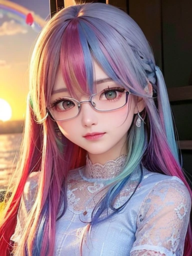 small face、 Glasses、Super detailed,bright colors, very beautiful detailed anime face and eyes, look straight,  shiny_skin,girl, (((rainbow colored hair, colorful hair, Half blue、half red hair: 1.2))), 、shiny hair, delicate beautiful face, blush、Glasses、(turquoise eyes), , Valletta, earrings,、（(flower garden、sunset、luxury hotel)）、((silver、Sea pattern、translucent、short sleeve、Floral、Lace blouse))、（twin tails）、（smile、happy face、face dyed red）、cheerful pose、dynamic、Upper body、