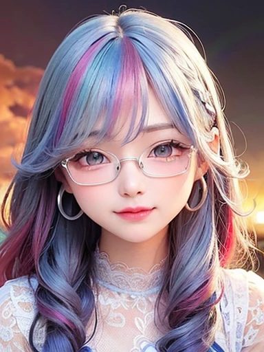 small face、 Glasses、Super detailed,bright colors, very beautiful detailed anime face and eyes, look straight, shiny_skin,girl, (((rainbow colored hair, colorful hair, Half blue、half red hair: 1.2))), 、shiny hair, delicate beautiful face, blush、Glasses、(turquoise eyes), , Valletta, earrings,、((flower garden、sunset、luxury hotel))、((silver、Sea pattern、translucent、short sleeve、Floral、Lace blouse))、(twin tails)、(smile、happy face、face dyed red)、cheerful pose、dynamic、Upper body、