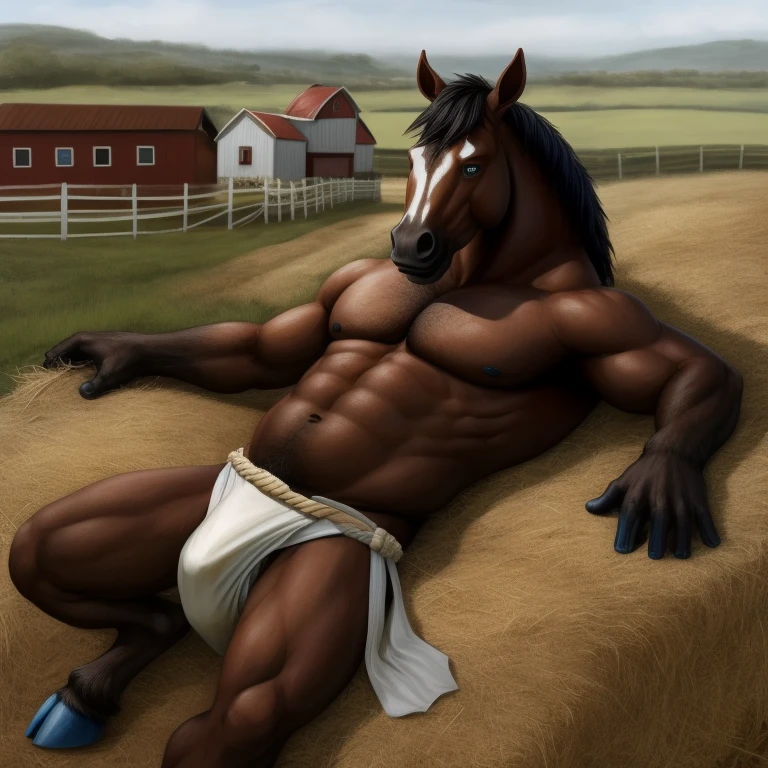 Furry, Antro, Horse Brown dark, Fundoshi bulto, Fundoshi White, Solo, Bulto Male Big, scrotum, Hooves ,Detallado, cuerpo completo, cuerpo furry, lying, Blue eyes, Farm, campo de mazorcas, Gold Eyes