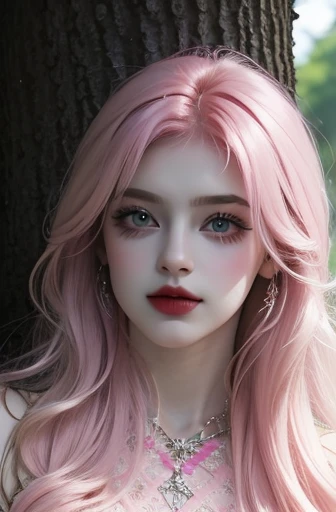 a beautiful girl with beautiful eyes, with pink hair, stands near trees with grapes. stylization, 16k, illustration, composition