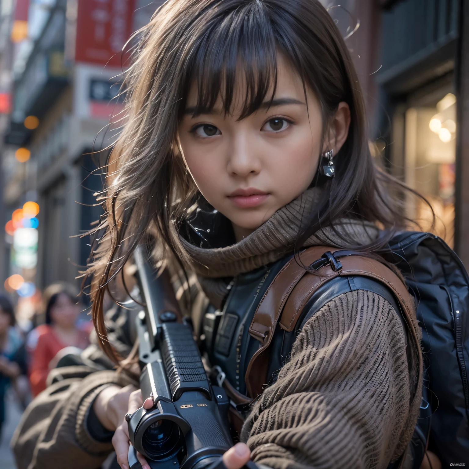 (masterpiece, best quality:1.2), (8k uhd, 16k, 32k, ultra high res), (photorealistic:1.37), (RAW photo), ultimate-realistic, ultimate-realistic details, ultimate-realistic texture, ultimate-intricate details, ultimate-realistic lighting, ultimate-realistic shadow, japanese girl, ultimate-cute face, ultimate-RAW skin, ultimate-realistic eyes, A beautiful girl reloading a submachine gun while hiding behind a shield in the city