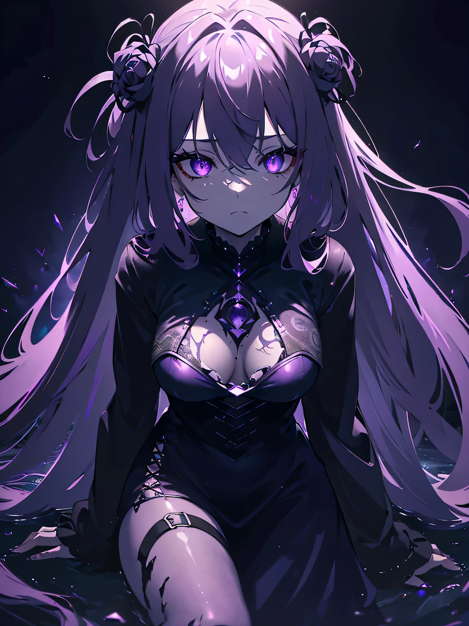 (best quality,4k,8k,highres,masterpiece:1.2), ultra-detailed, realistic:1.37, long and purple hair, glowing suspicious eyes, whole body in focus, ruin in the background, monochrome color scheme, in the dark, a girl with a dark purple glow and purple eyes looking directly at the camera, beautifully detailed face and features, wearing dark clothing, surrounded by a mysterious ambiance. close cloth