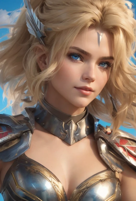 belligerent girl, Valkyrie, bold and beautiful, Short blond hair, Blue eyes, smile, Predator's Gaze, Developing hair, A look over the shoulder, Sparkling steel, Bow and arrows, weapon, heat of battle, battle, Clouds, realistic photo, high quality, masterpiece, detailed study.