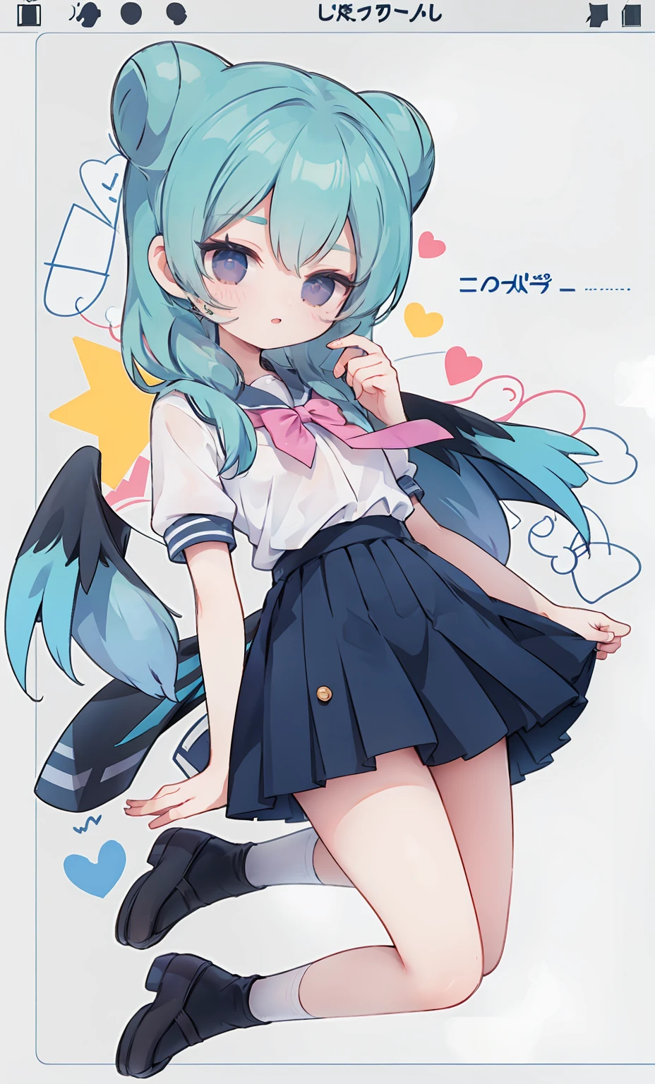 masterpiece, best quality, high resolution, aabeta, double, white simple background, standing, slim waist, cute, sailor uniform, pink bow tie, blue skirt, (PastelColors: 1.3), cute pose, full body