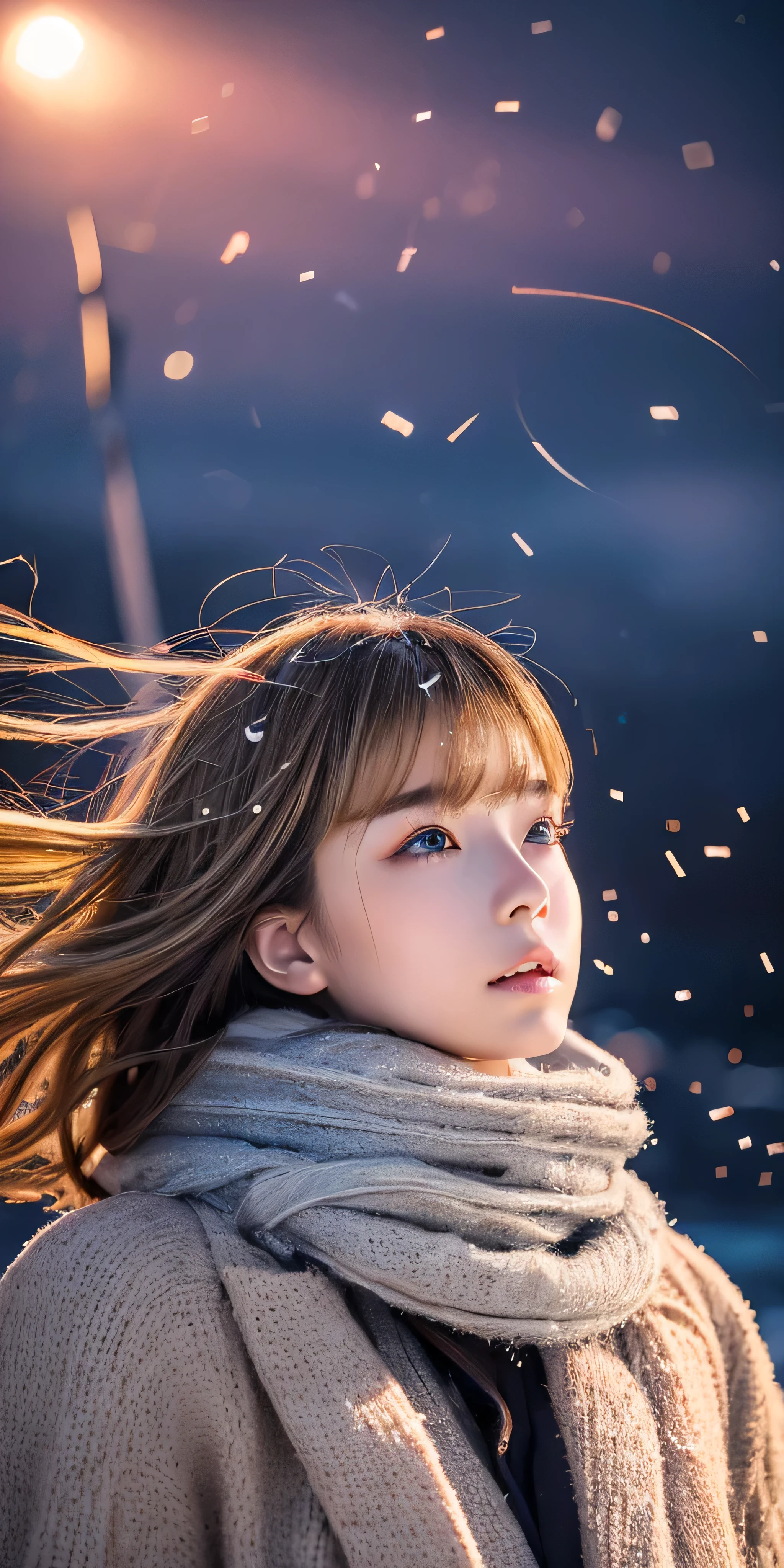 ((hair blowing in the wind、no makeup:1.2))、(realistic、Photoreal、Super detailed、best detailed skins、highest quality、masterpiece、超A high resolution)、cute russian woman、14 years、high school girl、young girl、1 girl、have bangs、ash blonde:1.7、double eyelid、drooling eyes、Japanese style face、purity、realistic skin type、thick muffler、Gray muffler、fluffy hair、((There'hair in scarf:1.3))、red cheeks、The wind is blowing、that'It's snowing、night、illumination、Lighting from behind、hair blowing in the wind、((Antarctica、A meteor shower、A world view of the aurora))