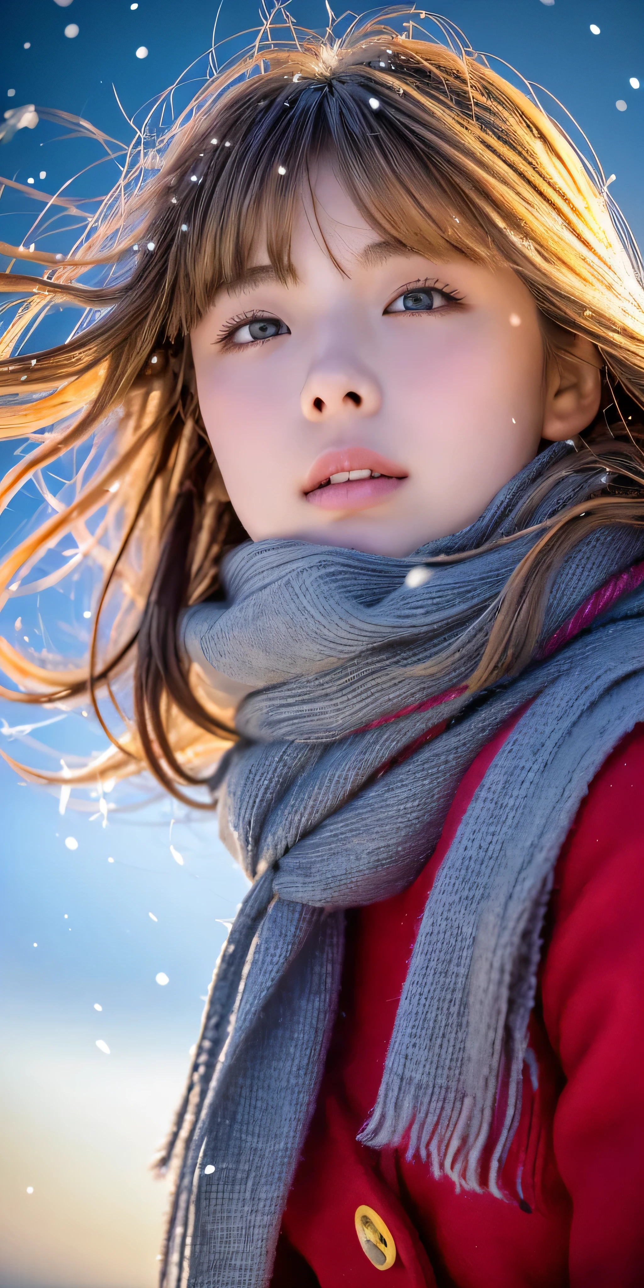 ((hair blowing in the wind、no makeup:1.2))、(realistic、Photoreal、Super detailed、best detailed skins、highest quality、masterpiece、超A high resolution)、cute russian woman、、high school girl、young girl、1 girl、have bangs、ash blonde:1.7、double eyelid、drooling eyes、Japanese style face、purity、realistic skin type、thick muffler、Gray muffler、fluffy hair、((There'hair in scarf:1.3))、red cheeks、The wind is blowing、that'It's snowing、night、illumination、Lighting from behind、hair blowing in the wind、((Antarctica、A meteor shower、A world view of the aurora))