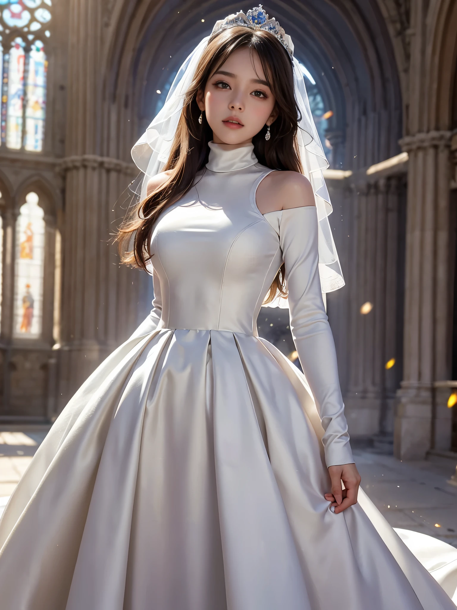 best quality, masterpiece, 1 girl, yak, cute teen, shiny lips, sweet, sun glare, Conservative attire, turtleneck wedding dress, Bridal tiara, depth of field, blurred background, Cathedral Background, light particles, strong wind, head tilt