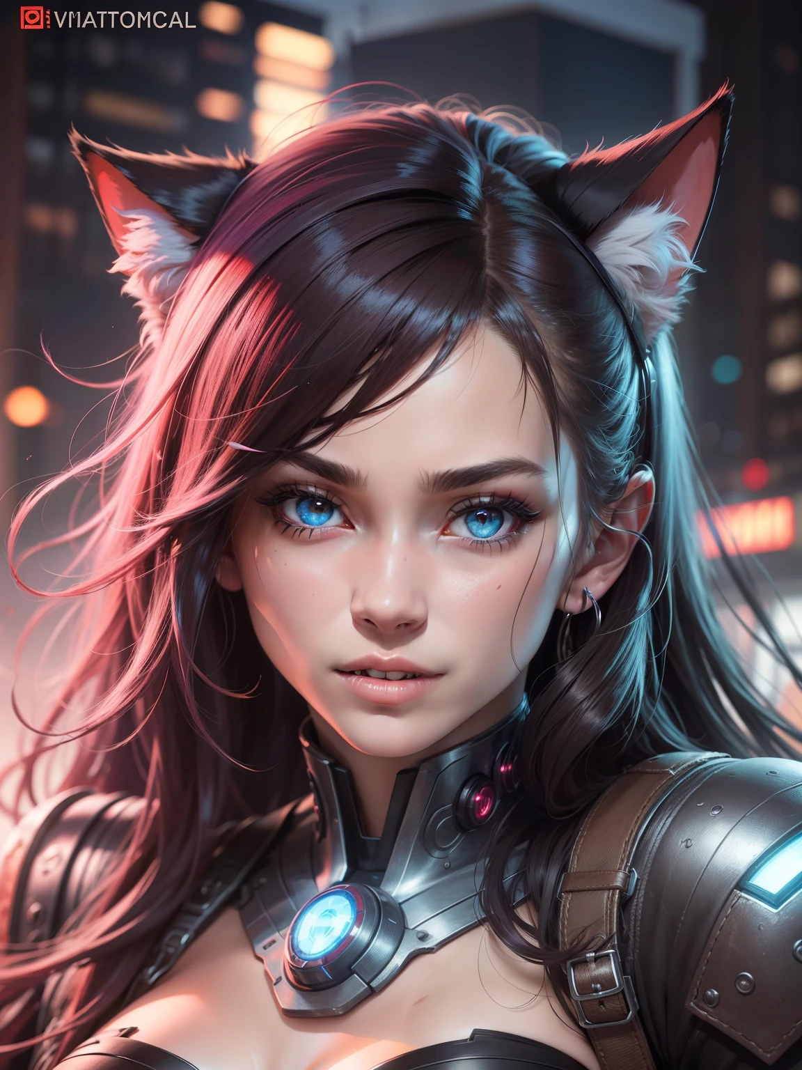 (Best quality, 4k, 8k, high resolution, masterpiece: 1.2), super detailed, (realistic, photorealistic, photorealistic: 1.37), anime, cat girl, red hair, glowing eyes, futuristic city, muscular body, toned Body, abs of steel, anime style, cat ears girl, cheeky face, hair bobble, wince, long eyelashes, dark eyes, fake animal ears, young face, light smile, red ears, fangs, surrealism, cast shadow, anaglyph, stereo Glam, portrait, slow, atmospheric perspective, 8K, ultra-detailed, accurate, top quality, torn combat uniforms, wounded bodies. Neon lights, battles, powerful scenes, glowing cyberpunk atmosphere, long flowing hair, high-tech weapons, dramatic poses, dynamic action, giant holographic billboards, bright colors, POP world at war, cybernetic enhancements.