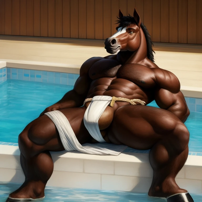 Furry, Antro, Horse Brown dark, Fundoshi bulto, Fundoshi White, Solo, Bulto Male Big, scrotum, Hooves ,Detallado, cuerpo completo, cuerpo furry, lying, Piscina, Gold Eyes