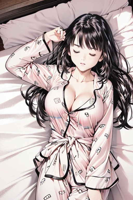 (8K、top-quality、masterpiece:1.2)、(realisitic、ultra-detailliert、超A high resolution、1 girl,17years,beautifull detailed face,perfect body,((layered hair,long black hair)),((daytime)),Constriction、(Slim waist :1.3)、Beautiful detailed skin、Skin Texture、Floating hair、((daylight)),(,(a girl sleeping on bed:1.5),(lying back down:1.1),(big breasts:1.3),(nether region:1.3),(closed eyes:1.2),(troubled eyebrows:1.2),(from above:1.3),(oversized long sleeves pink pajamas:1.3),(bed room:1.3),
