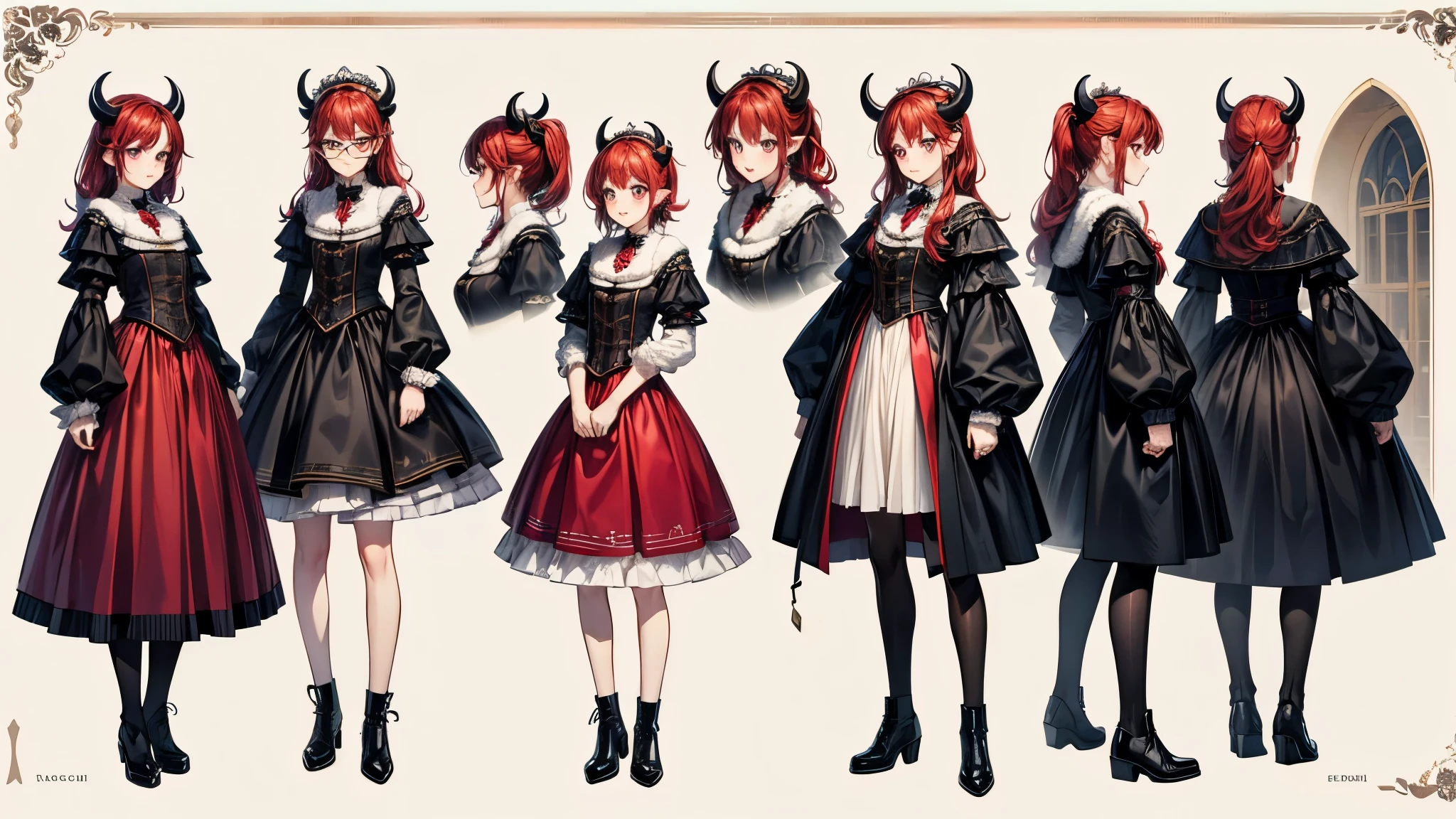 (Masterpiece, best quality), detailed, character sheet, many items (the same person, medieval royal clothes, magic academy uniform, blouse, skirt, glasses, reading glasses, white boots, many parts), athletic, busty, demon, demon girl, detailed beautiful purple eyes, detailed face, pointy ears, red hair and white skin, braided ponytail, demon horns, full of details.