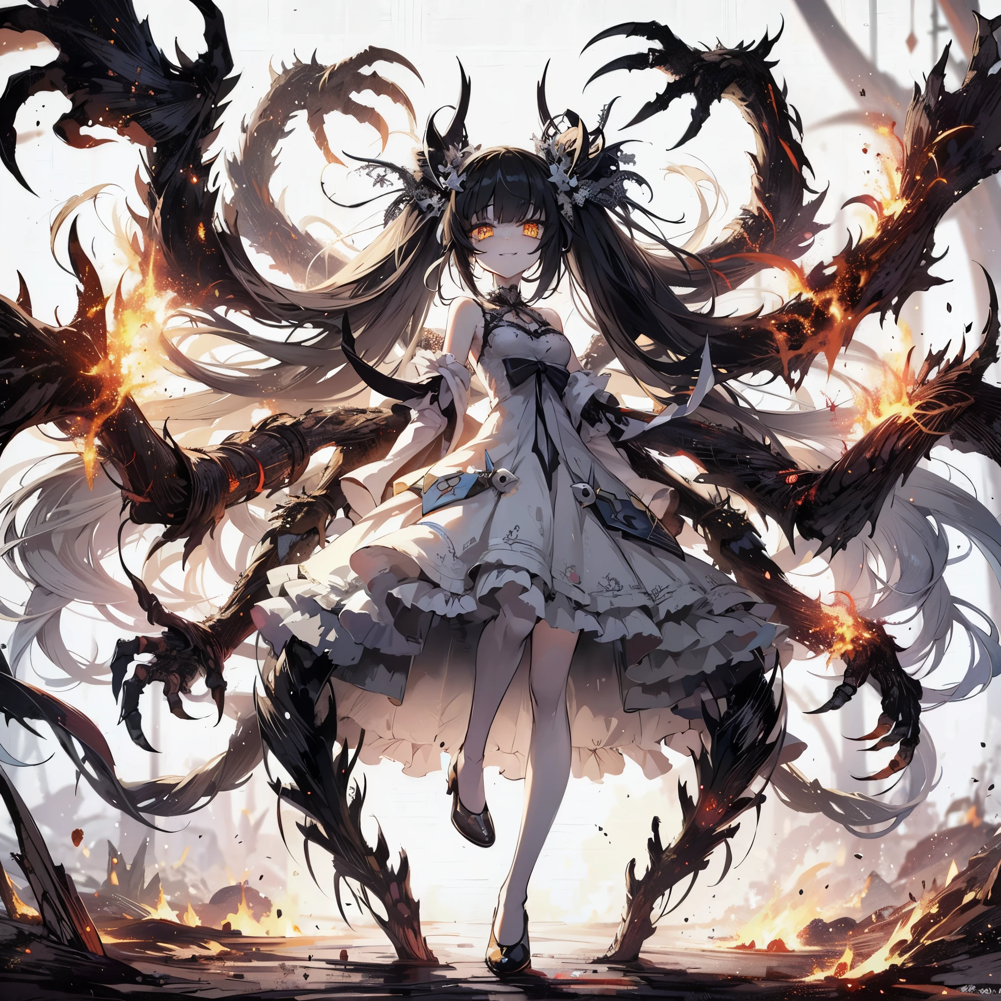 (masterpiece, Best Quality), (detailed hairs), Ultra-detailed, Anime style, Full body, Solo, Cyberpunk witch girl, in white magical girl dress, black hair, Eyes blazing with hellfire, limbs mutated and transformed into huge beast claws, shadows form the great jaws of the beast, standing in a burned forest, 8k high resolution, white background, whole body, winning smile.
