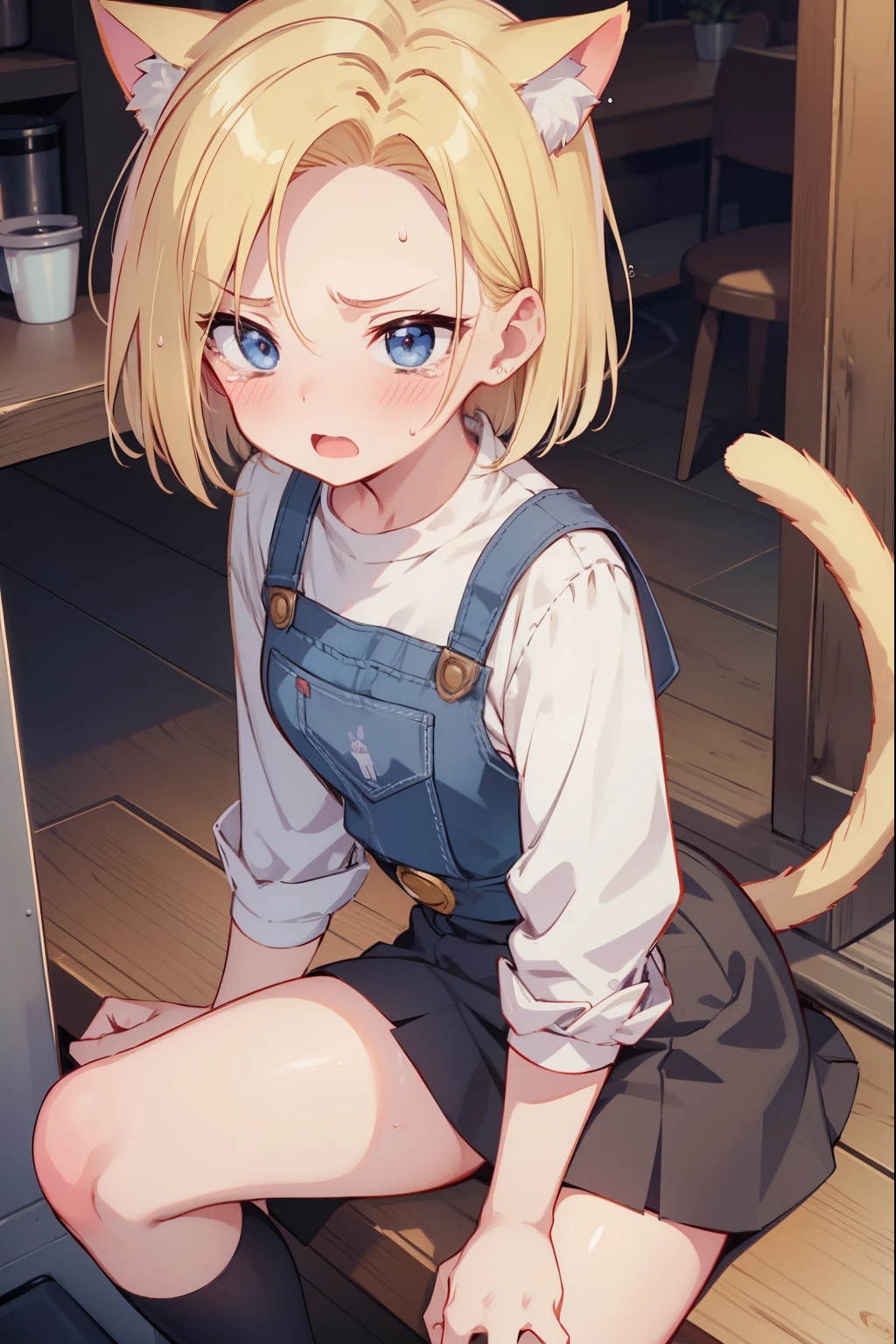 ANDROID18,crying face,embarrassing,shy,Sweat,open your mouth wide,blush,Gothic ****ta,Cat ear,coffee shop,blonde,short hair,cat tail,panic,panic, hand between legs,skirt short