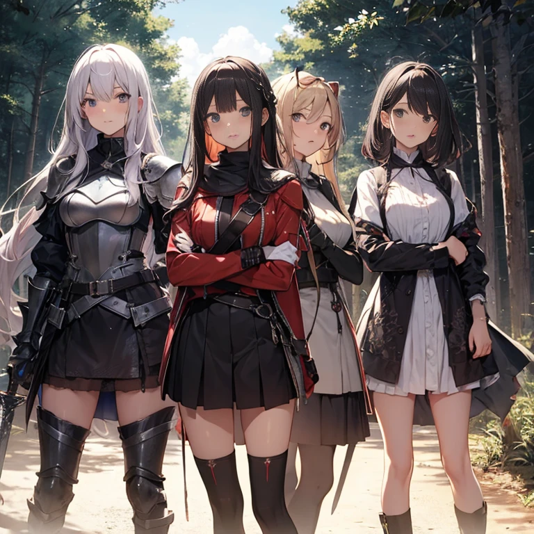 A group of  female knights, (in forest), various hair styles, harem, wearing armored clothes, metal armor, night, details face, short skirt, seducing, sword,