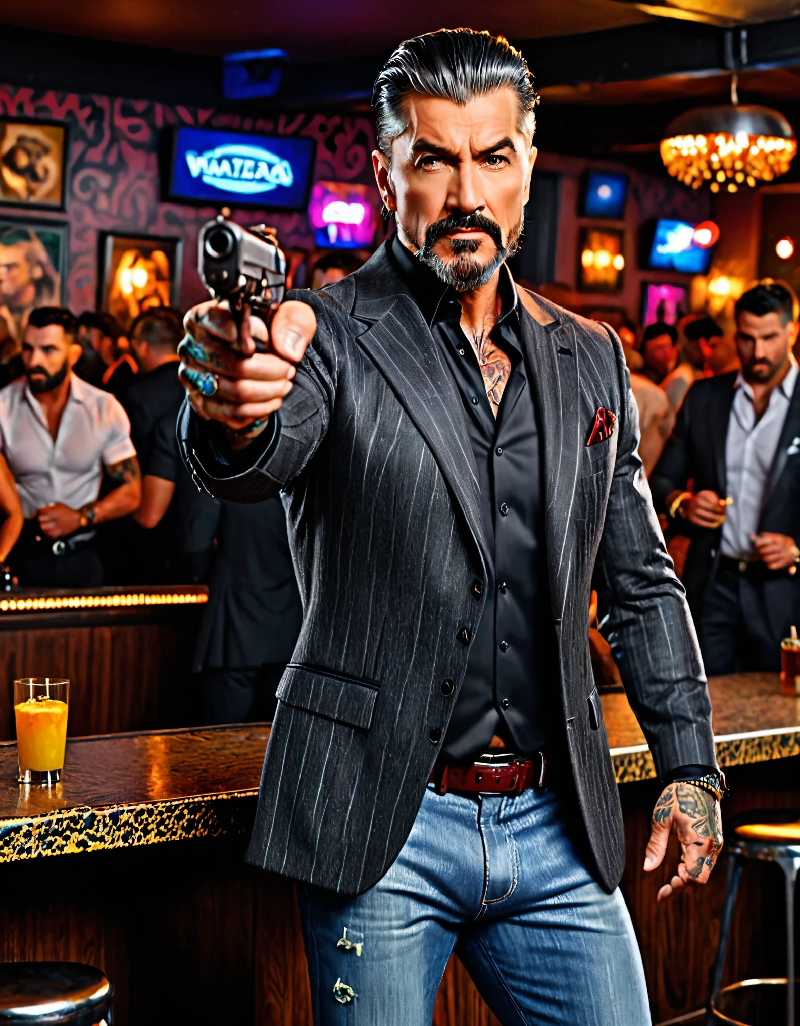 Extremely detailed, very realistic, very sharp, hyper realistic, best quality, masterpiece, 50 age, tall muscled, grizzled (stylish) hair, stubble, ((scars)), pants, evil, boots, concealed pistol holster, (((nightclub))), ((blazer)), ((tattoos)), goatee, black hair, pointing pistol at the viewer