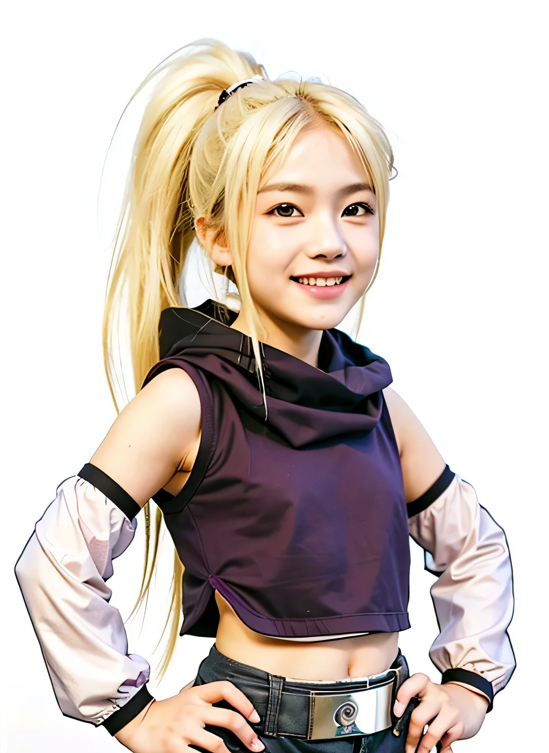 (an asian kid, blonde hair, green eyes, smiling:1.1), realistic, ino, naruto, vibrant colors, soft lighting, outdoor setting, purple outfit